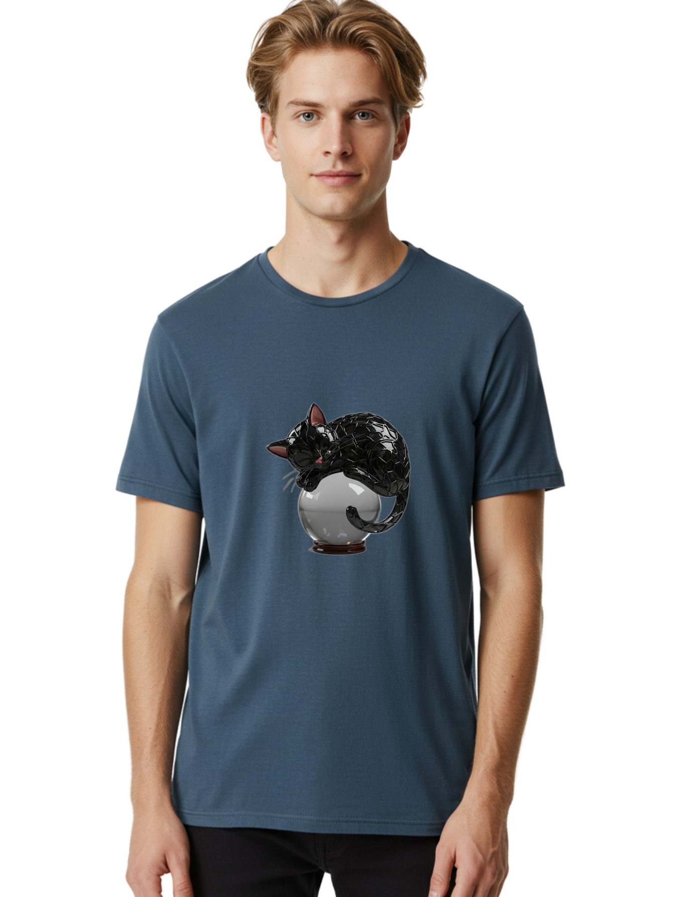 Black-Cat-On-Crystal-Ball-2 Men'S Graphic Tee, 100% Cotton, Comfortable Casual Summer Wear, Machine Washable, Vintage Camera, Old Camera, Antique Camera, Black Camera, Classic Photography, Photography Equipment, Nostalgic Device, Film Camera, Bak064