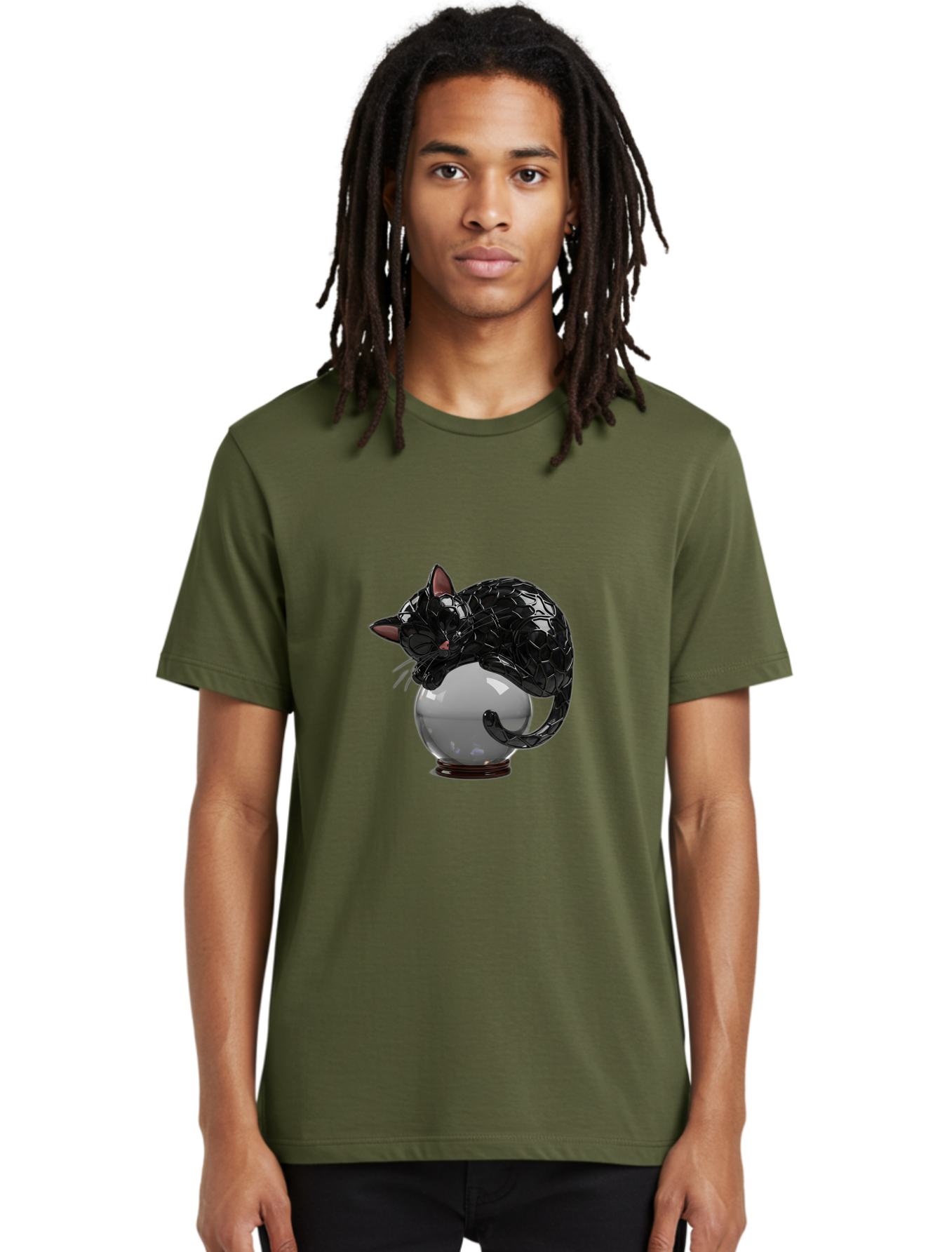 Black-Cat-On-Crystal-Ball-2 Men'S Graphic Tee, 100% Cotton, Comfortable Casual Summer Wear, Machine Washable, Vintage Camera, Old Camera, Antique Camera, Black Camera, Classic Photography, Photography Equipment, Nostalgic Device, Film Camera, Bak064