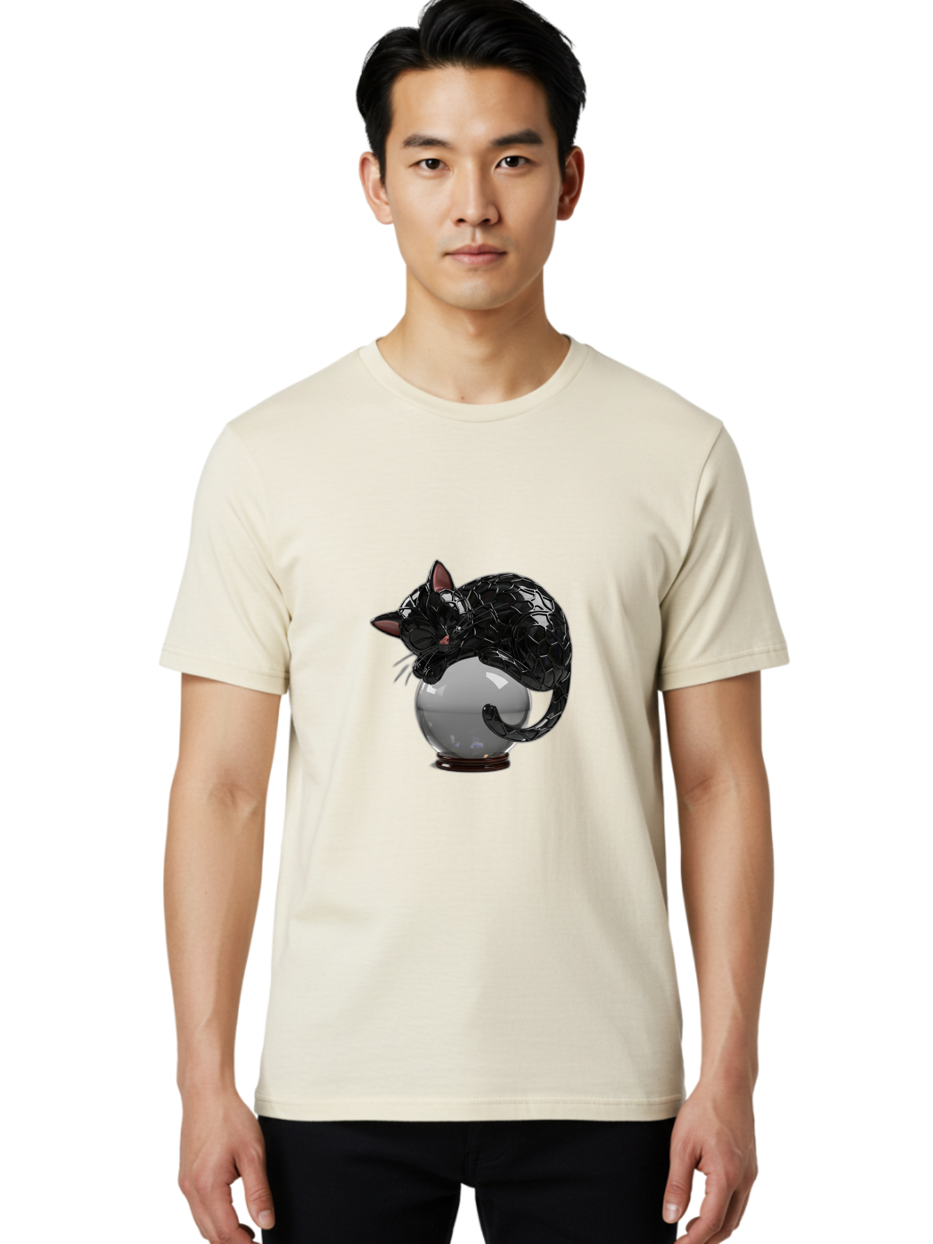 Black-Cat-On-Crystal-Ball-2 Men'S Graphic Tee, 100% Cotton, Comfortable Casual Summer Wear, Machine Washable, Vintage Camera, Old Camera, Antique Camera, Black Camera, Classic Photography, Photography Equipment, Nostalgic Device, Film Camera, Bak064