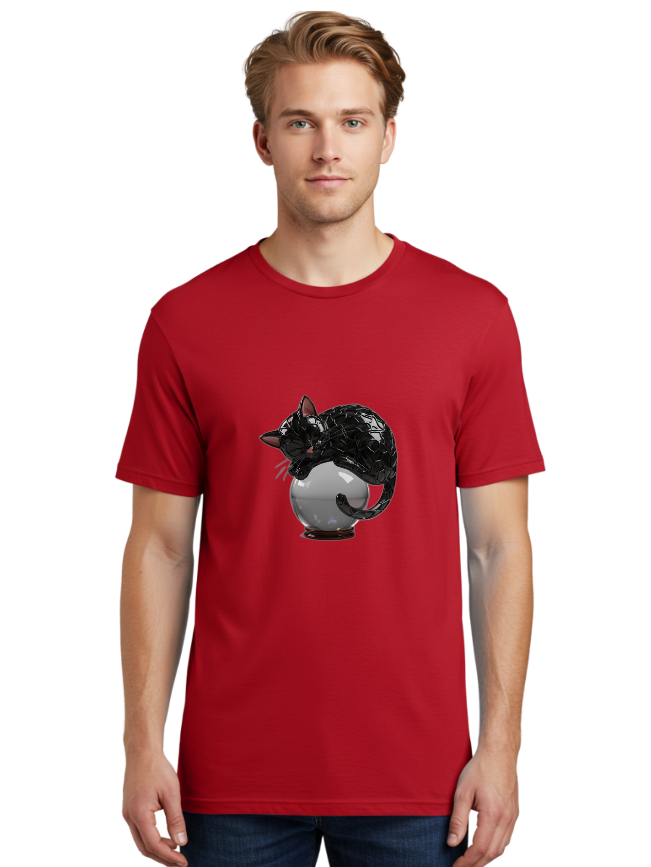 Black-Cat-On-Crystal-Ball-2 Men'S Graphic Tee, 100% Cotton, Comfortable Casual Summer Wear, Machine Washable, Vintage Camera, Old Camera, Antique Camera, Black Camera, Classic Photography, Photography Equipment, Nostalgic Device, Film Camera, Bak064