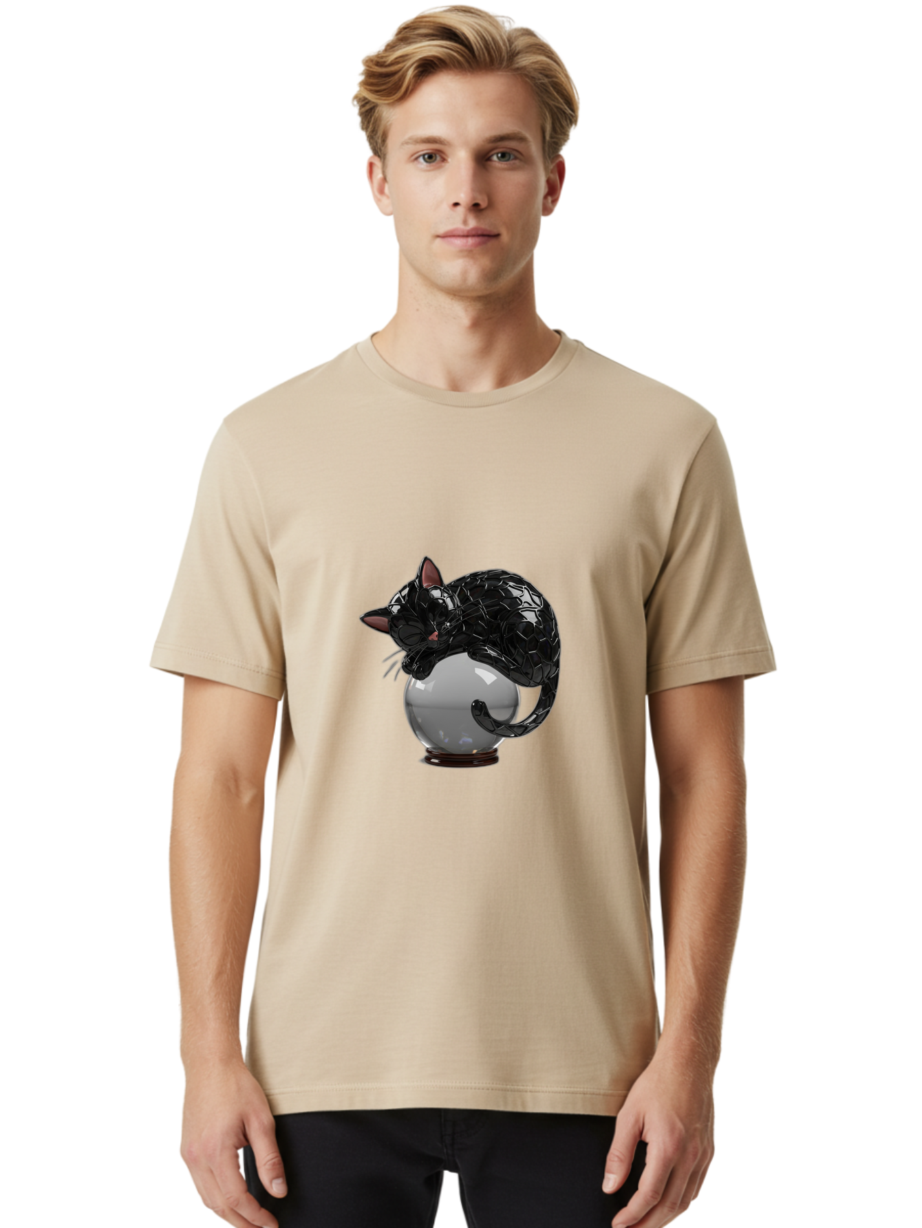 Black-Cat-On-Crystal-Ball-2 Men'S Graphic Tee, 100% Cotton, Comfortable Casual Summer Wear, Machine Washable, Vintage Camera, Old Camera, Antique Camera, Black Camera, Classic Photography, Photography Equipment, Nostalgic Device, Film Camera, Bak064