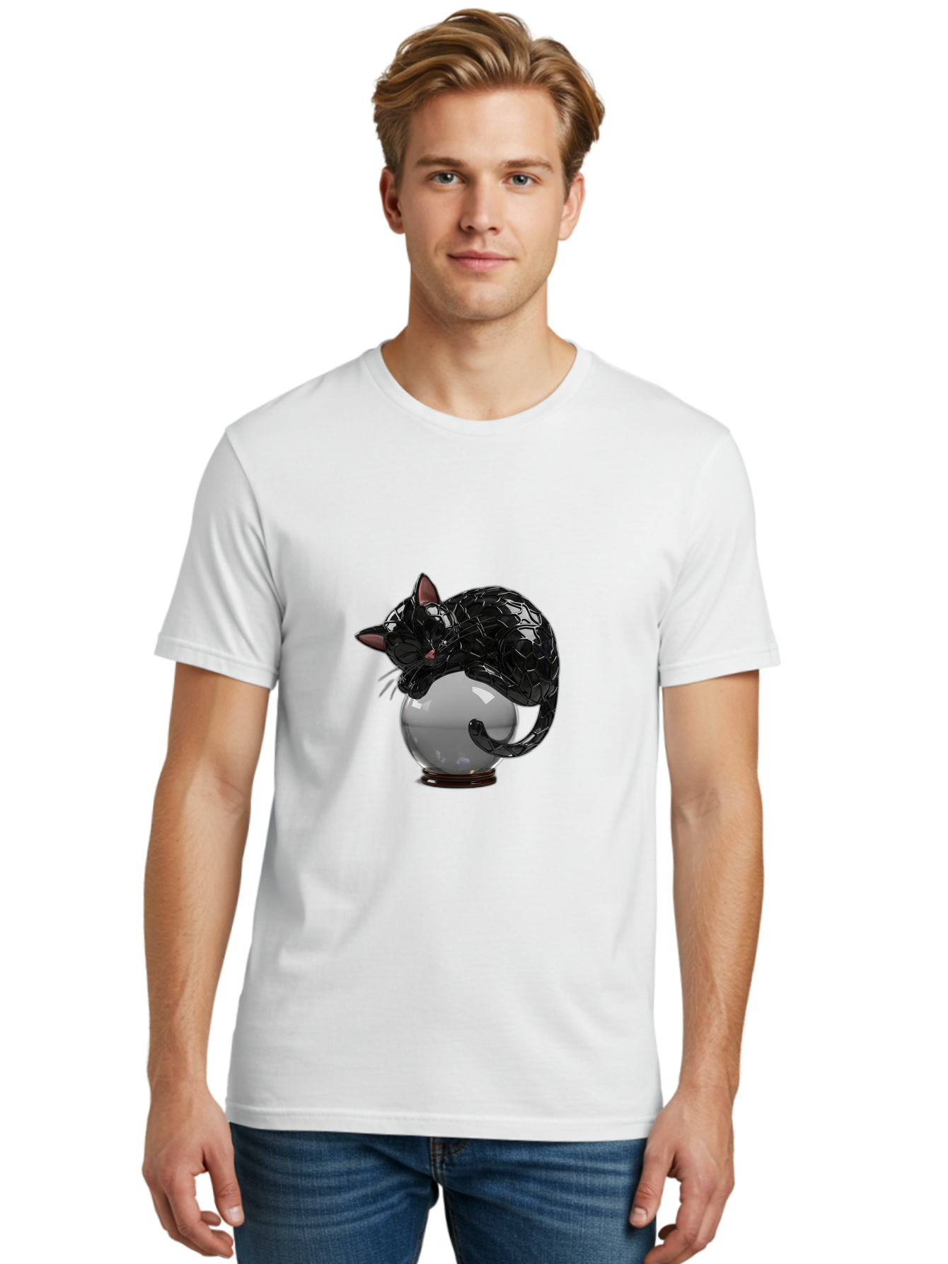 Black-Cat-On-Crystal-Ball-2 Men'S Graphic Tee, 100% Cotton, Comfortable Casual Summer Wear, Machine Washable, Vintage Camera, Old Camera, Antique Camera, Black Camera, Classic Photography, Photography Equipment, Nostalgic Device, Film Camera, Bak064