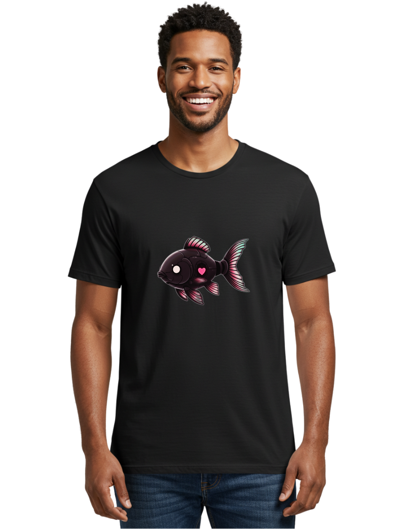Black-Fish-With-Pink-Heart Men'S Graphic Tee, 100% Cotton, Comfortable Casual Summer Wear, Machine Washable, Vintage Camera, Old Camera, Antique Camera, Black Camera, Classic Photography, Photography Equipment, Nostalgic Device, Film Camera, Bak067