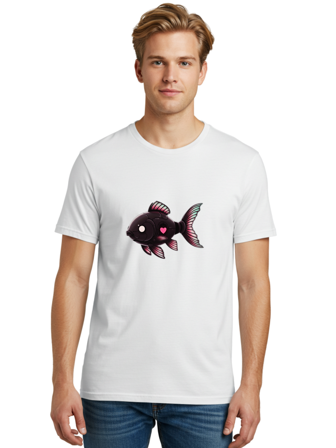Black-Fish-With-Pink-Heart Men'S Graphic Tee, 100% Cotton, Comfortable Casual Summer Wear, Machine Washable, Vintage Camera, Old Camera, Antique Camera, Black Camera, Classic Photography, Photography Equipment, Nostalgic Device, Film Camera, Bak067