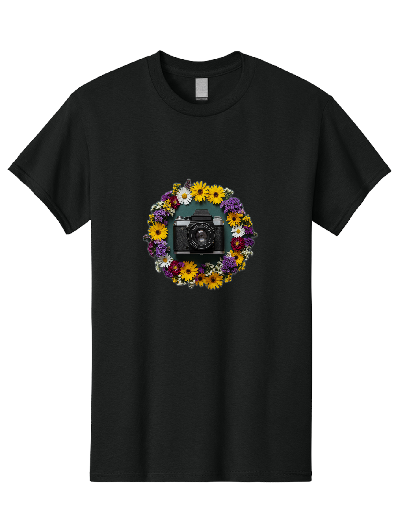 Camera-Lens-Surrounded-By-Flowers Men'S Graphic Tee, 100% Cotton, Comfortable Casual Summer Wear, Machine Washable, Vintage Camera, Old Camera, Antique Camera, Black Camera, Classic Photography, Photography Equipment, Nostalgic Device, Bak168