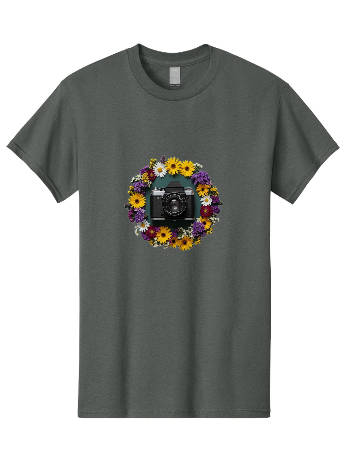 Camera-Lens-Surrounded-By-Flowers Men'S Graphic Tee, 100% Cotton, Comfortable Casual Summer Wear, Machine Washable, Vintage Camera, Old Camera, Antique Camera, Black Camera, Classic Photography, Photography Equipment, Nostalgic Device, Bak168