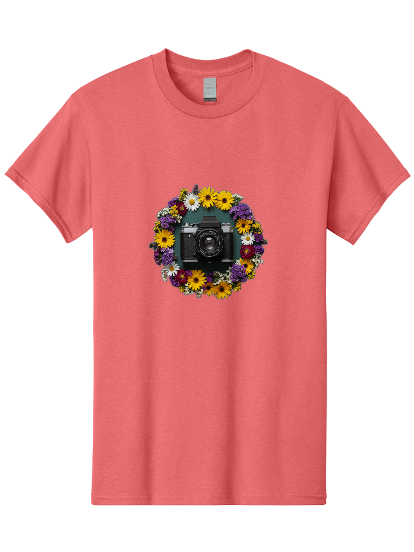 Camera-Lens-Surrounded-By-Flowers Men'S Graphic Tee, 100% Cotton, Comfortable Casual Summer Wear, Machine Washable, Vintage Camera, Old Camera, Antique Camera, Black Camera, Classic Photography, Photography Equipment, Nostalgic Device, Bak168