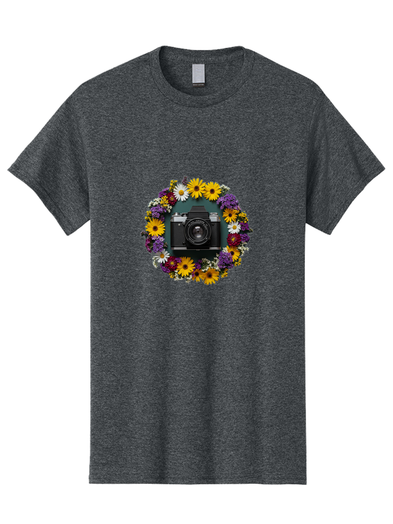 Camera-Lens-Surrounded-By-Flowers Men'S Graphic Tee, 100% Cotton, Comfortable Casual Summer Wear, Machine Washable, Vintage Camera, Old Camera, Antique Camera, Black Camera, Classic Photography, Photography Equipment, Nostalgic Device, Bak168