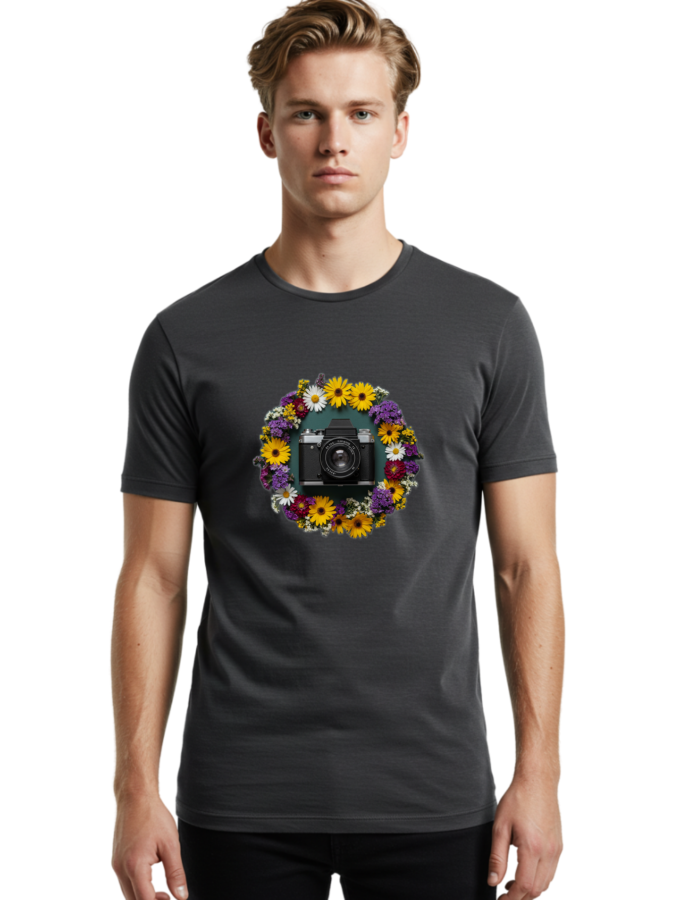 Camera-Lens-Surrounded-By-Flowers Men'S Graphic Tee, 100% Cotton, Comfortable Casual Summer Wear, Machine Washable, Vintage Camera, Old Camera, Antique Camera, Black Camera, Classic Photography, Photography Equipment, Nostalgic Device, Bak168