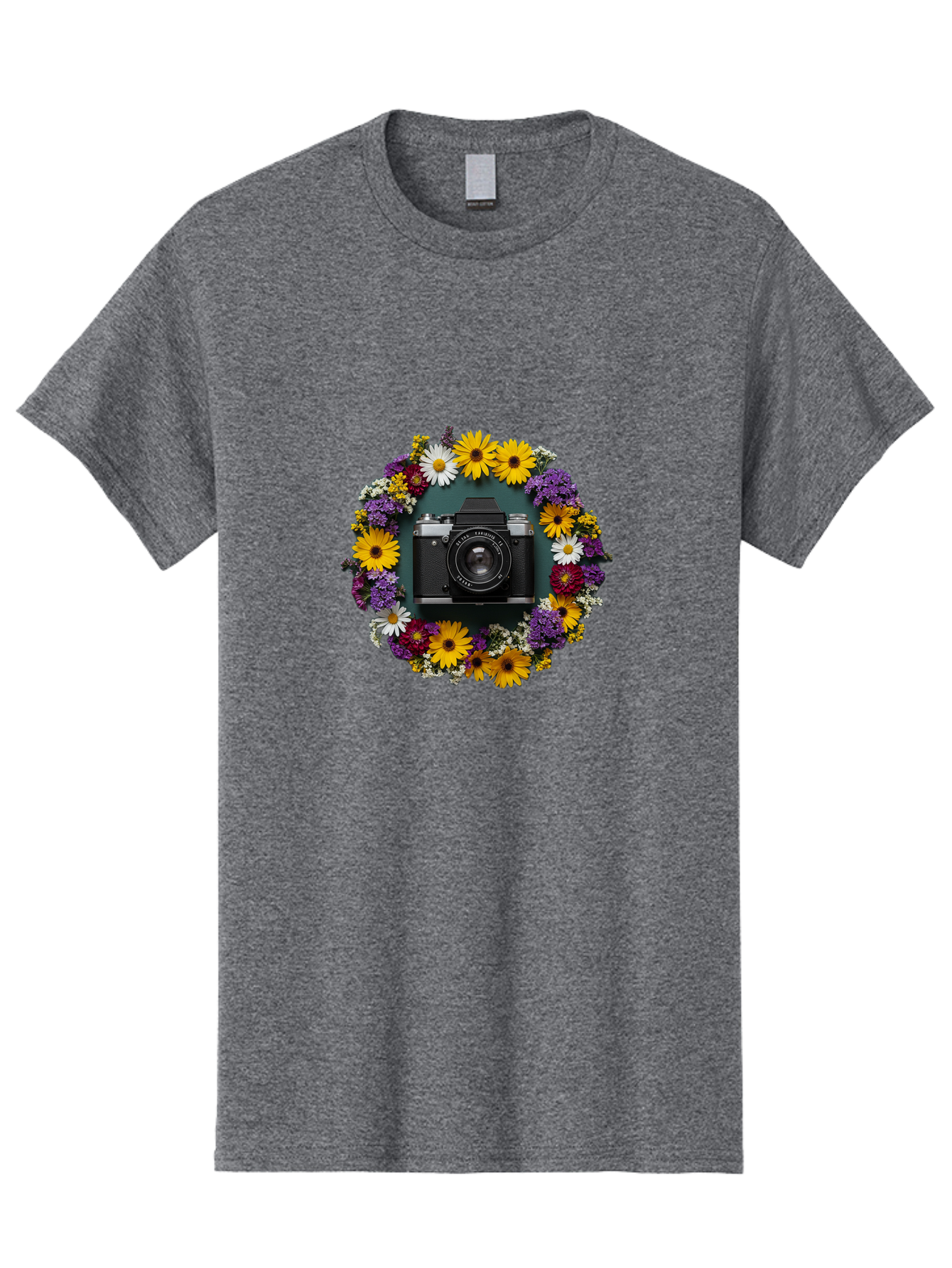 Camera-Lens-Surrounded-By-Flowers Men'S Graphic Tee, 100% Cotton, Comfortable Casual Summer Wear, Machine Washable, Vintage Camera, Old Camera, Antique Camera, Black Camera, Classic Photography, Photography Equipment, Nostalgic Device, Bak168
