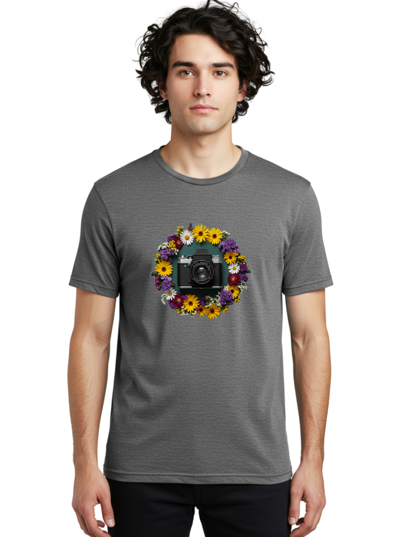 Camera-Lens-Surrounded-By-Flowers Men'S Graphic Tee, 100% Cotton, Comfortable Casual Summer Wear, Machine Washable, Vintage Camera, Old Camera, Antique Camera, Black Camera, Classic Photography, Photography Equipment, Nostalgic Device, Bak168