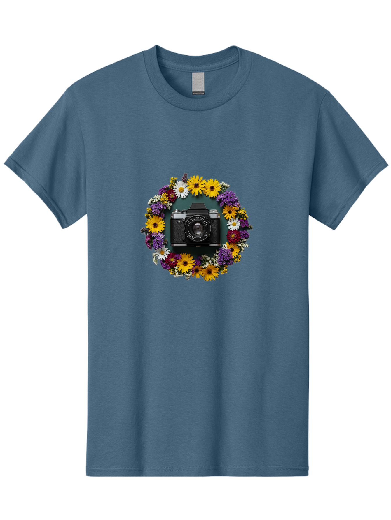 Camera-Lens-Surrounded-By-Flowers Men'S Graphic Tee, 100% Cotton, Comfortable Casual Summer Wear, Machine Washable, Vintage Camera, Old Camera, Antique Camera, Black Camera, Classic Photography, Photography Equipment, Nostalgic Device, Bak168