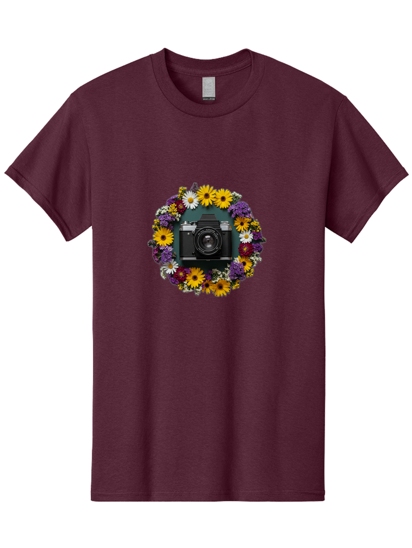 Camera-Lens-Surrounded-By-Flowers Men'S Graphic Tee, 100% Cotton, Comfortable Casual Summer Wear, Machine Washable, Vintage Camera, Old Camera, Antique Camera, Black Camera, Classic Photography, Photography Equipment, Nostalgic Device, Bak168