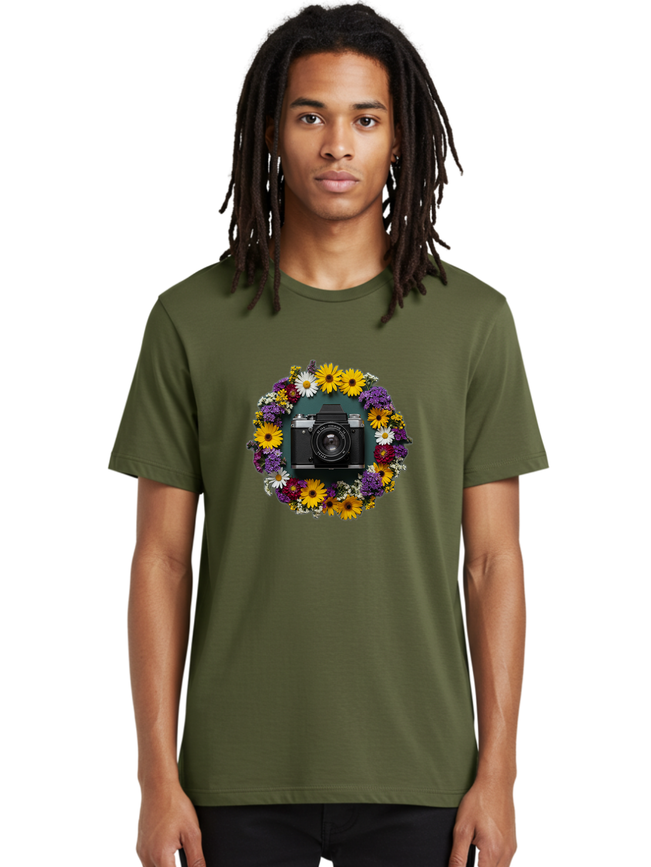 Camera-Lens-Surrounded-By-Flowers Men'S Graphic Tee, 100% Cotton, Comfortable Casual Summer Wear, Machine Washable, Vintage Camera, Old Camera, Antique Camera, Black Camera, Classic Photography, Photography Equipment, Nostalgic Device, Bak168