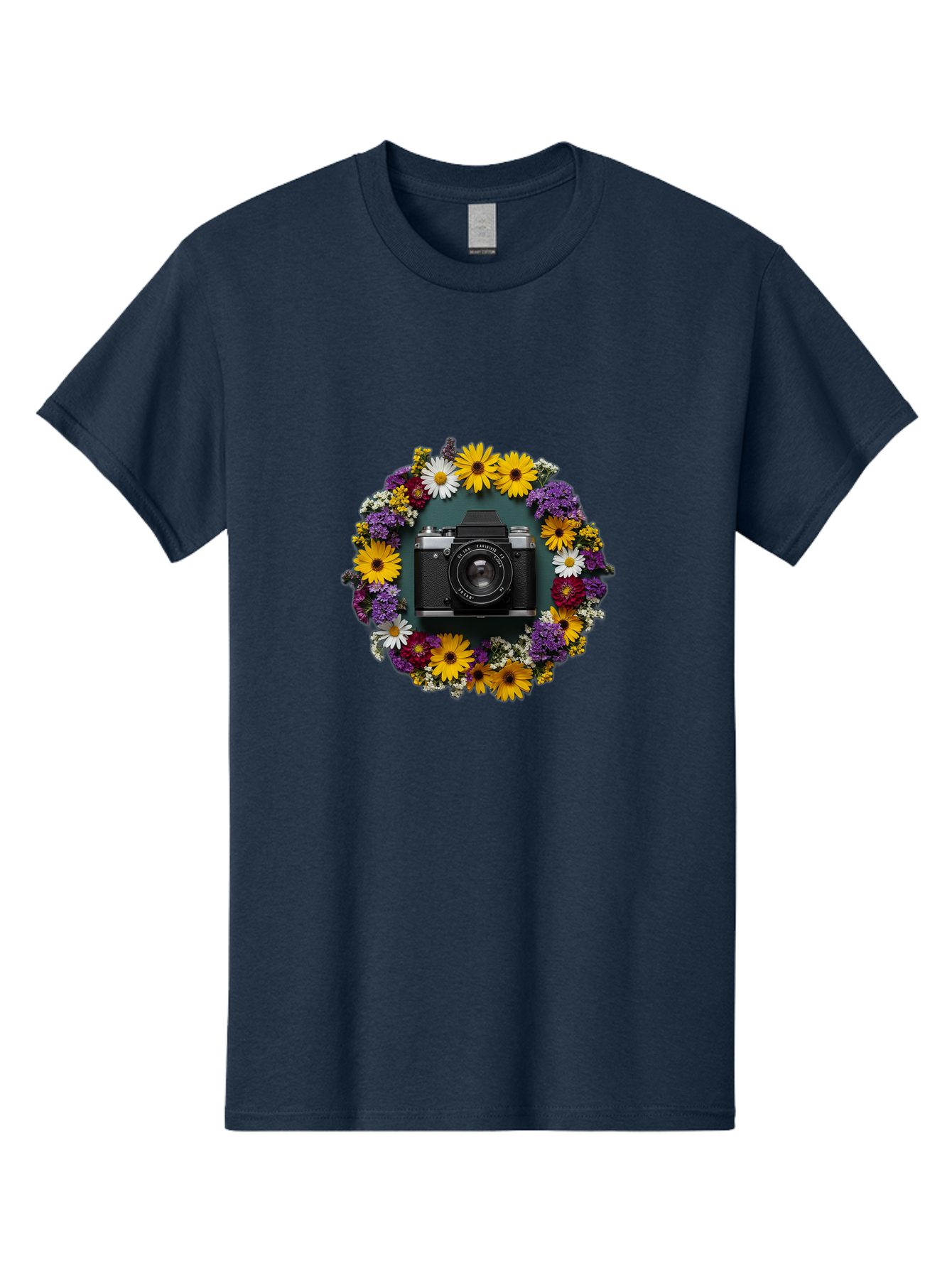 Camera-Lens-Surrounded-By-Flowers Men'S Graphic Tee, 100% Cotton, Comfortable Casual Summer Wear, Machine Washable, Vintage Camera, Old Camera, Antique Camera, Black Camera, Classic Photography, Photography Equipment, Nostalgic Device, Bak168