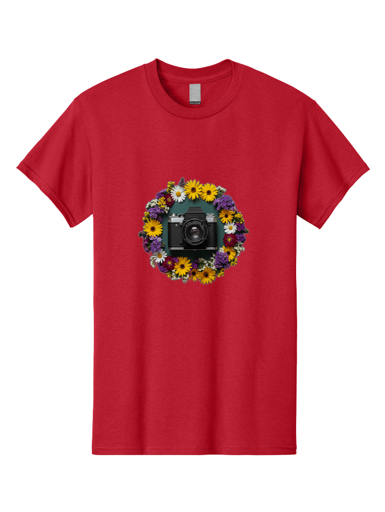 Camera-Lens-Surrounded-By-Flowers Men'S Graphic Tee, 100% Cotton, Comfortable Casual Summer Wear, Machine Washable, Vintage Camera, Old Camera, Antique Camera, Black Camera, Classic Photography, Photography Equipment, Nostalgic Device, Bak168