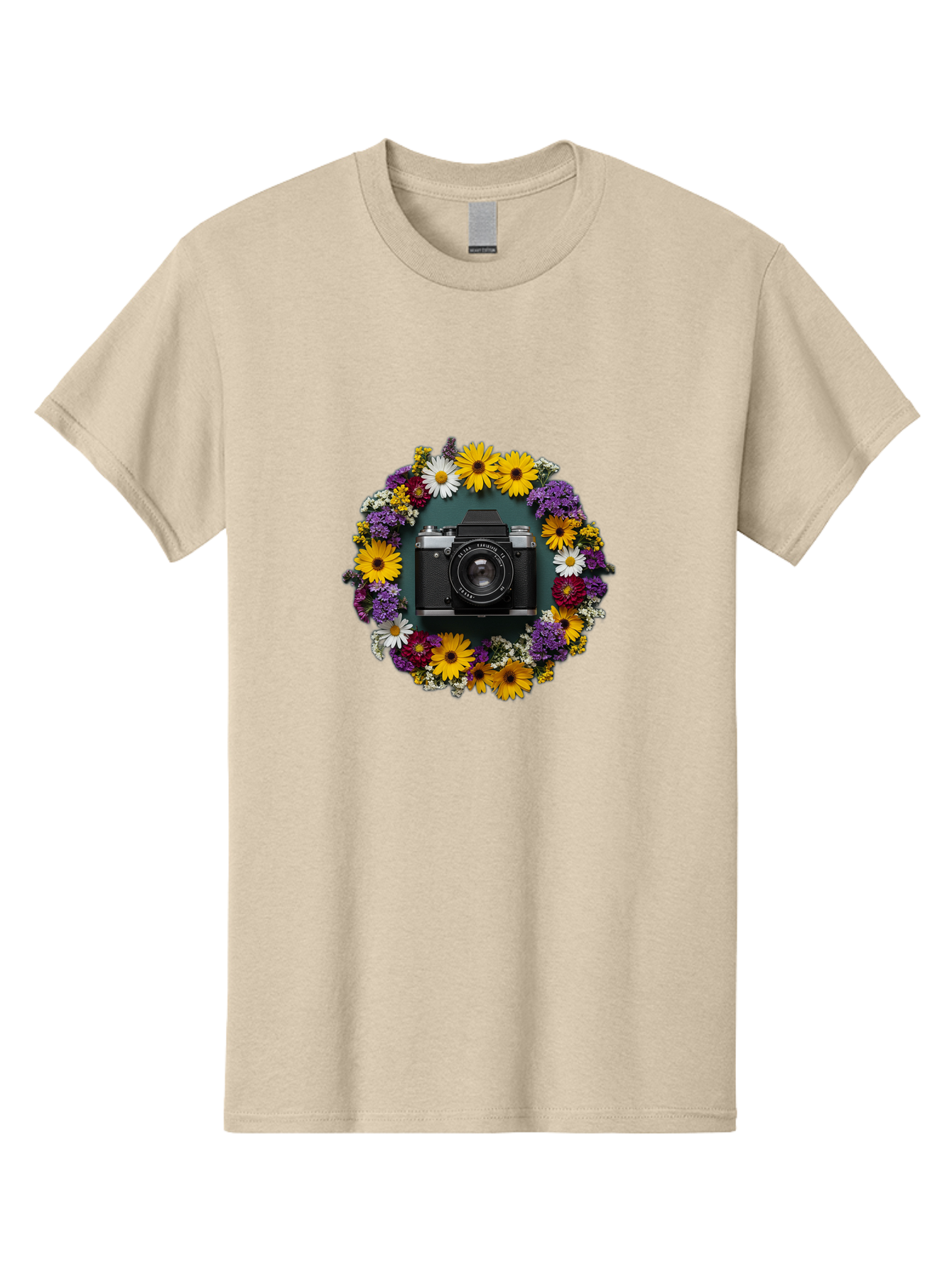 Camera-Lens-Surrounded-By-Flowers Men'S Graphic Tee, 100% Cotton, Comfortable Casual Summer Wear, Machine Washable, Vintage Camera, Old Camera, Antique Camera, Black Camera, Classic Photography, Photography Equipment, Nostalgic Device, Bak168