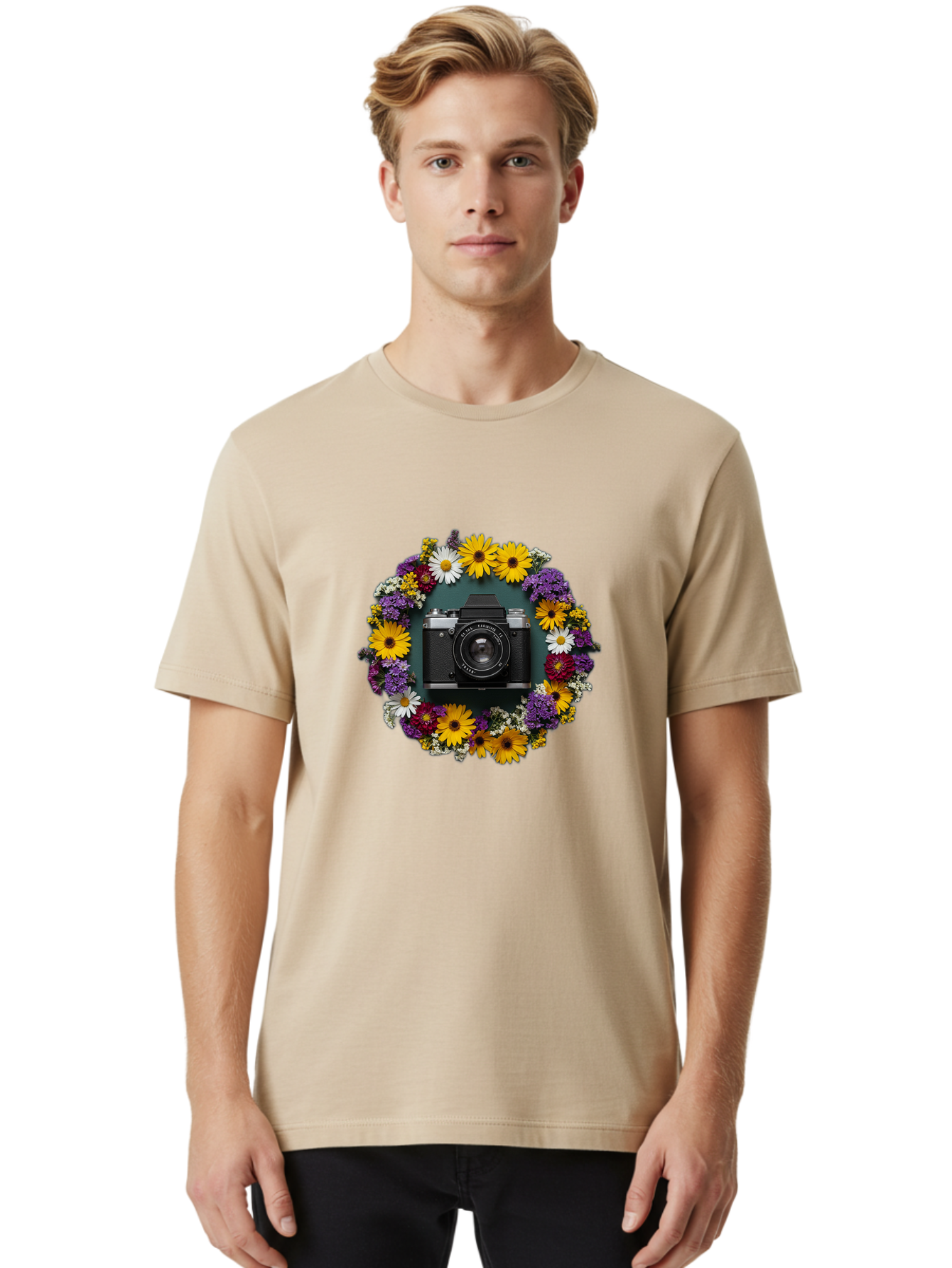Camera-Lens-Surrounded-By-Flowers Men'S Graphic Tee, 100% Cotton, Comfortable Casual Summer Wear, Machine Washable, Vintage Camera, Old Camera, Antique Camera, Black Camera, Classic Photography, Photography Equipment, Nostalgic Device, Bak168