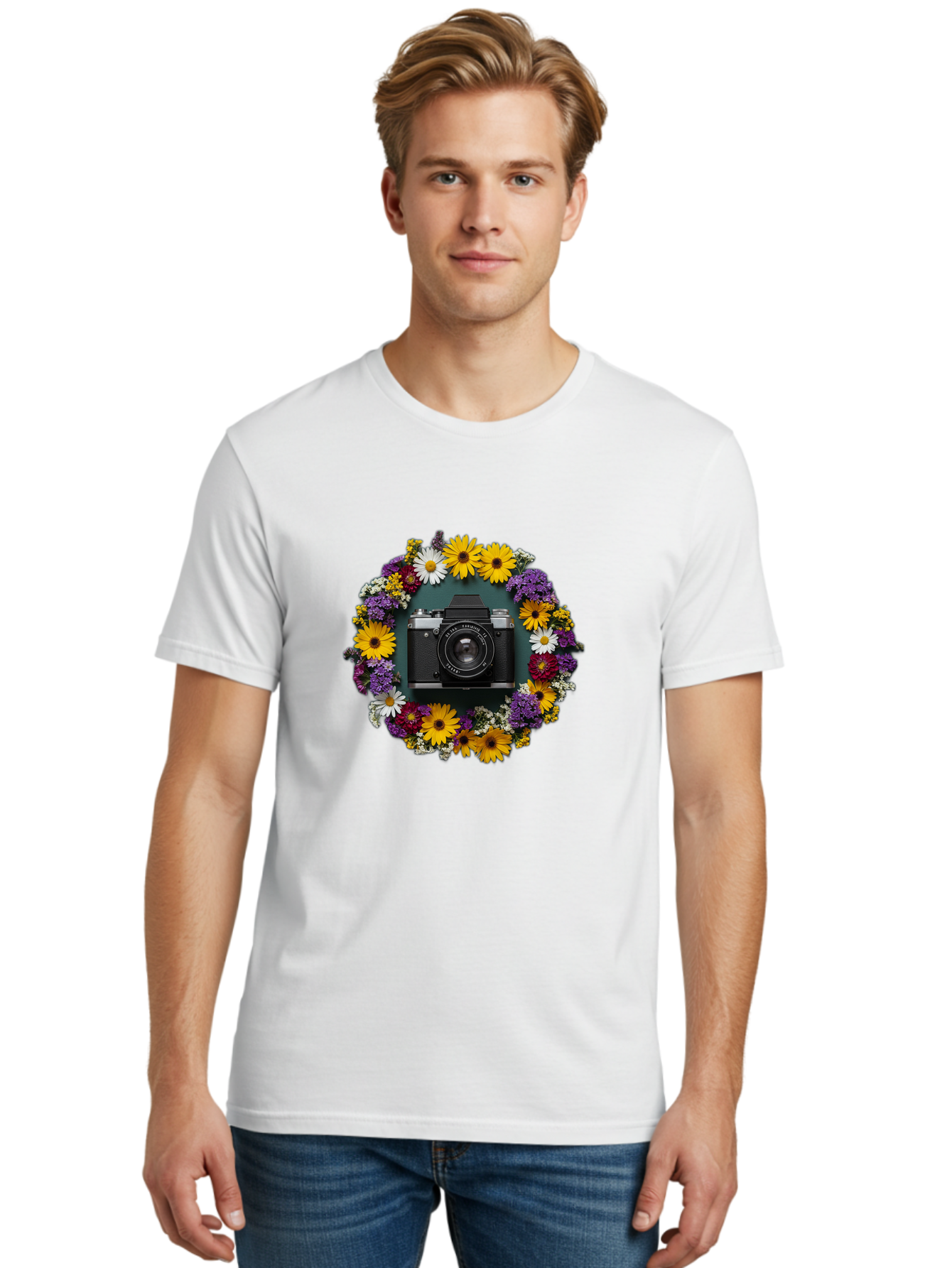 Camera-Lens-Surrounded-By-Flowers Men'S Graphic Tee, 100% Cotton, Comfortable Casual Summer Wear, Machine Washable, Vintage Camera, Old Camera, Antique Camera, Black Camera, Classic Photography, Photography Equipment, Nostalgic Device, Bak168