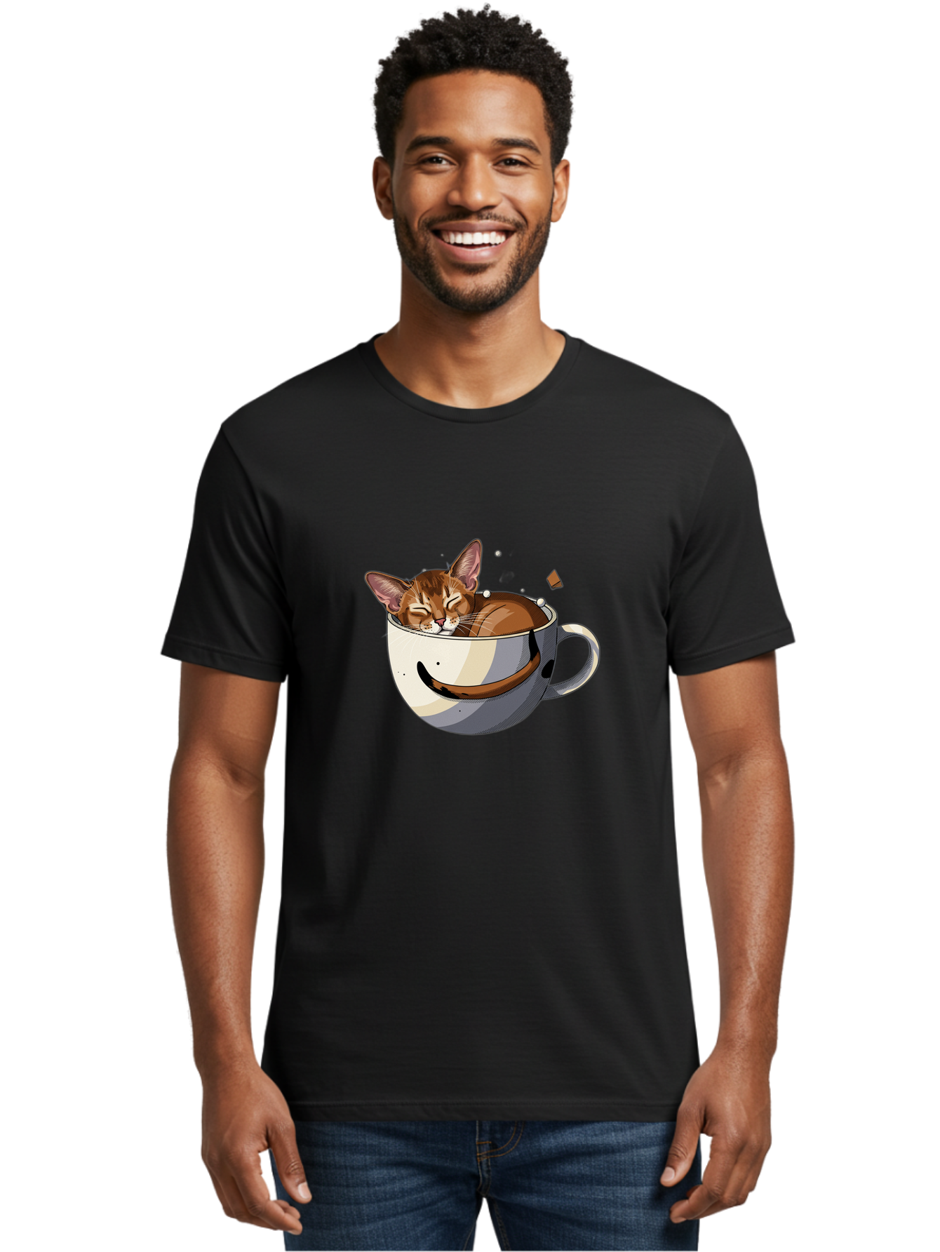 Cat-In-Coffee-Cup-3 Men'S Graphic Tee, 100% Cotton, Comfortable Casual Summer Wear, Machine Washable, Vintage Camera, Old Camera, Antique Camera, Black Camera, Classic Photography, Photography Equipment, Nostalgic Device, Film Camera, Bak195