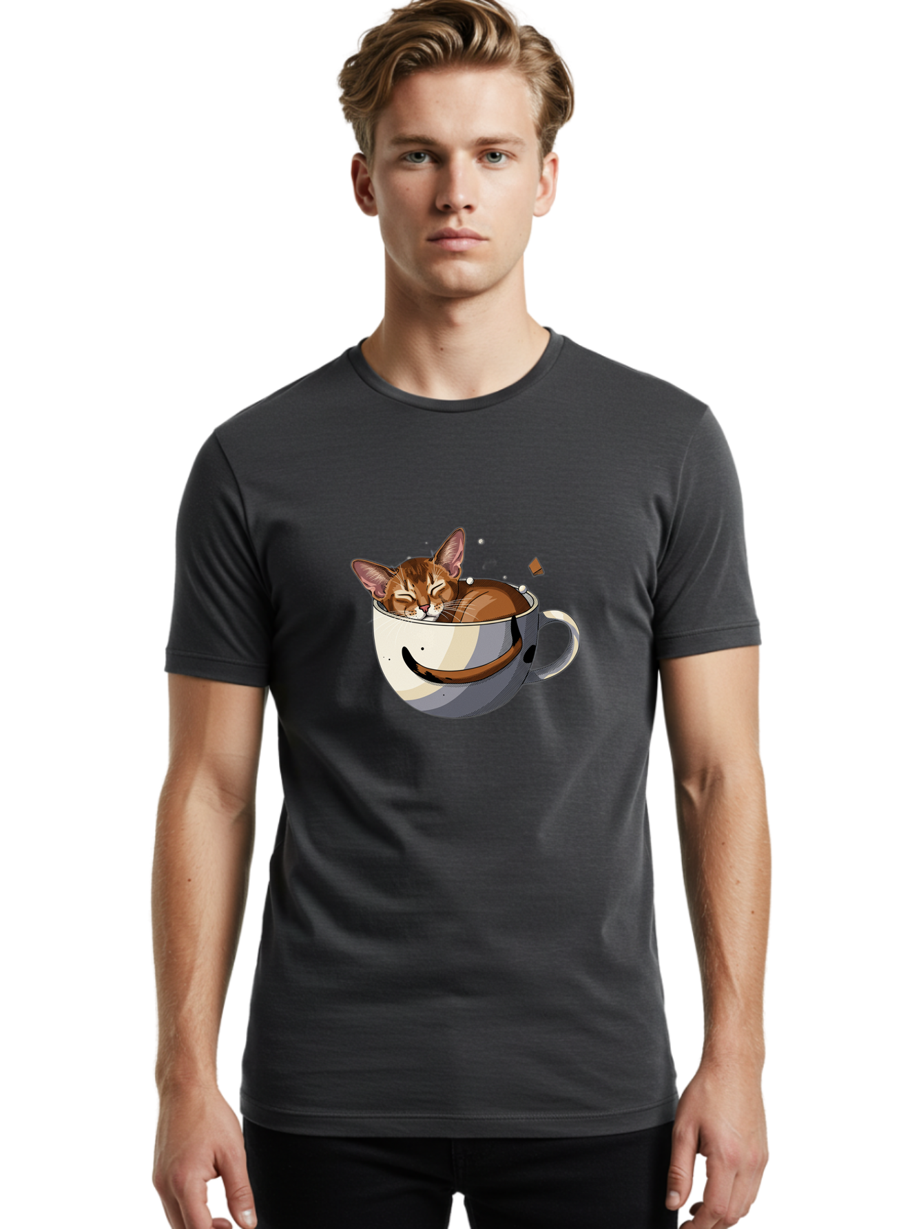 Cat-In-Coffee-Cup-3 Men'S Graphic Tee, 100% Cotton, Comfortable Casual Summer Wear, Machine Washable, Vintage Camera, Old Camera, Antique Camera, Black Camera, Classic Photography, Photography Equipment, Nostalgic Device, Film Camera, Bak195