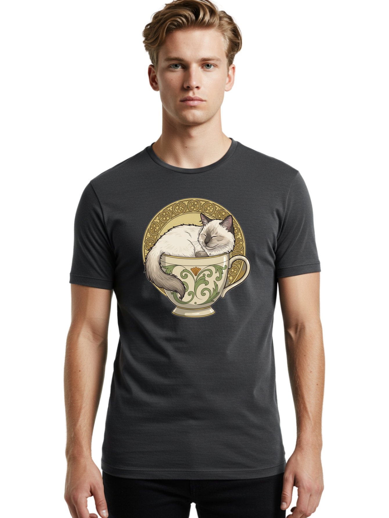 Cat-In-Tea-Cup-1 Men'S Graphic Tee, 100% Cotton, Comfortable Casual Summer Wear, Machine Washable, Vintage Camera, Old Camera, Antique Camera, Black Camera, Classic Photography, Photography Equipment, Nostalgic Device, Film Camera, Camera Art Bak209