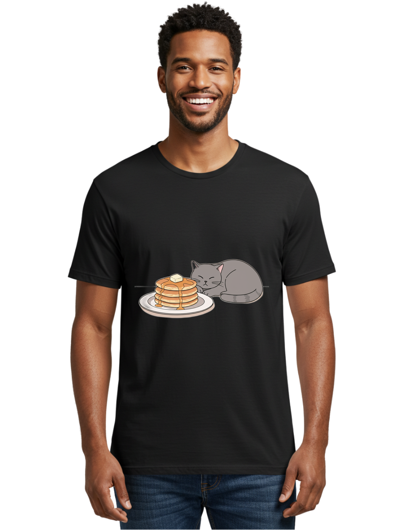 Cat-Sleeping-Next-To-Pancakes-1 Men'S Graphic Tee, 100% Cotton, Comfortable Casual Summer Wear, Machine Washable, Vintage Camera, Old Camera, Antique Camera, Black Camera, Classic Photography, Photography Equipment, Nostalgic Device, Bak218