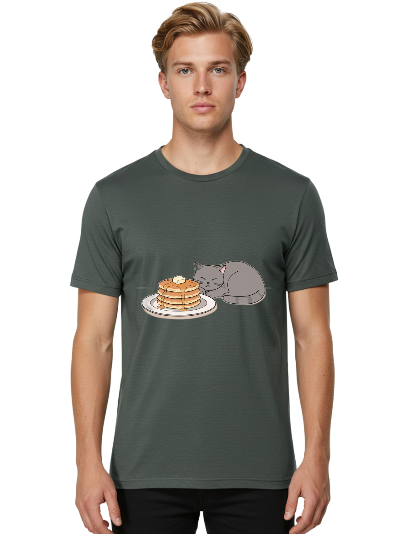 Cat-Sleeping-Next-To-Pancakes-1 Men'S Graphic Tee, 100% Cotton, Comfortable Casual Summer Wear, Machine Washable, Vintage Camera, Old Camera, Antique Camera, Black Camera, Classic Photography, Photography Equipment, Nostalgic Device, Bak218
