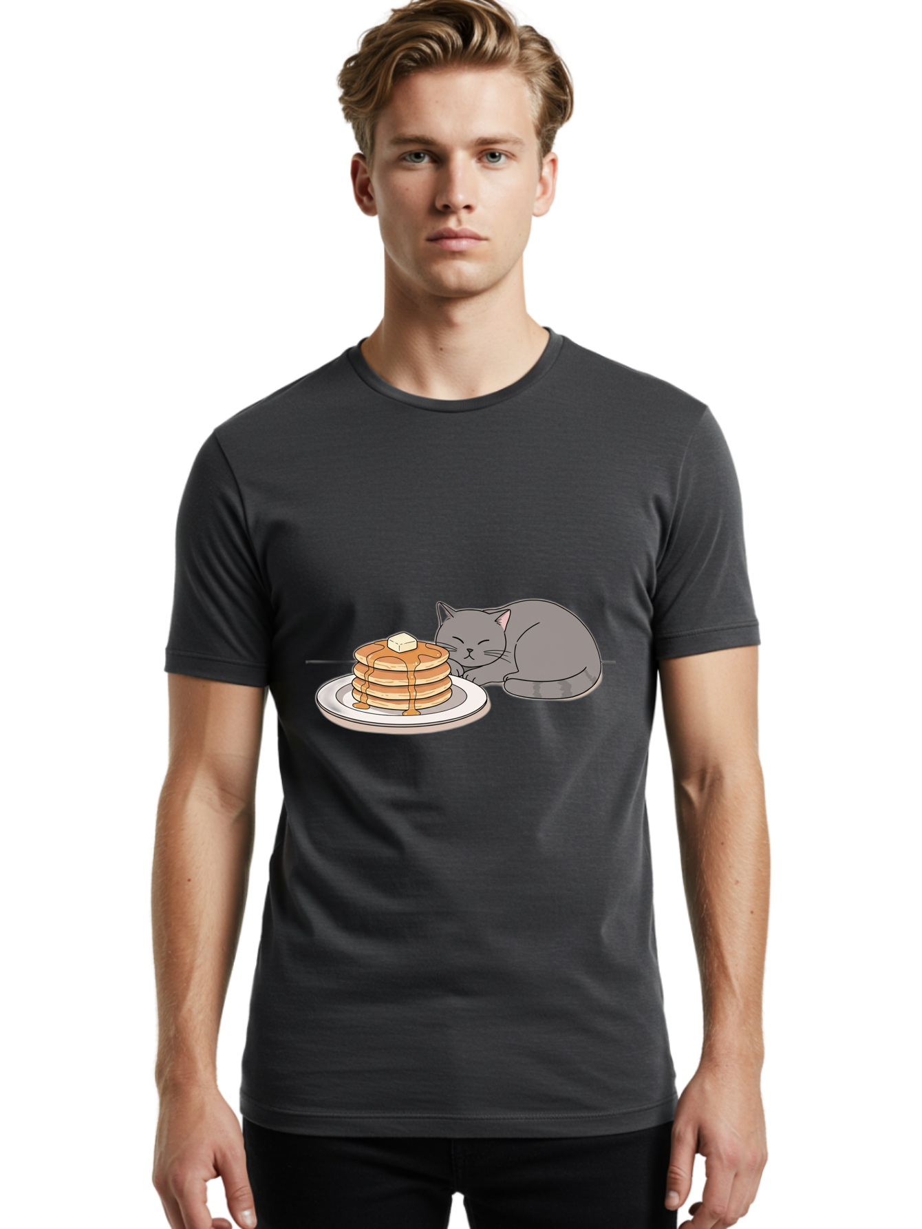 Cat-Sleeping-Next-To-Pancakes-1 Men'S Graphic Tee, 100% Cotton, Comfortable Casual Summer Wear, Machine Washable, Vintage Camera, Old Camera, Antique Camera, Black Camera, Classic Photography, Photography Equipment, Nostalgic Device, Bak218