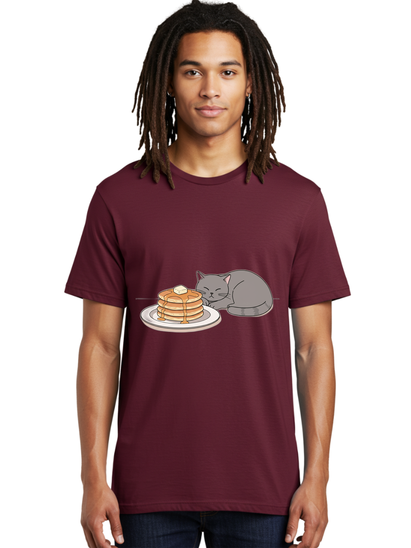 Cat-Sleeping-Next-To-Pancakes-1 Men'S Graphic Tee, 100% Cotton, Comfortable Casual Summer Wear, Machine Washable, Vintage Camera, Old Camera, Antique Camera, Black Camera, Classic Photography, Photography Equipment, Nostalgic Device, Bak218