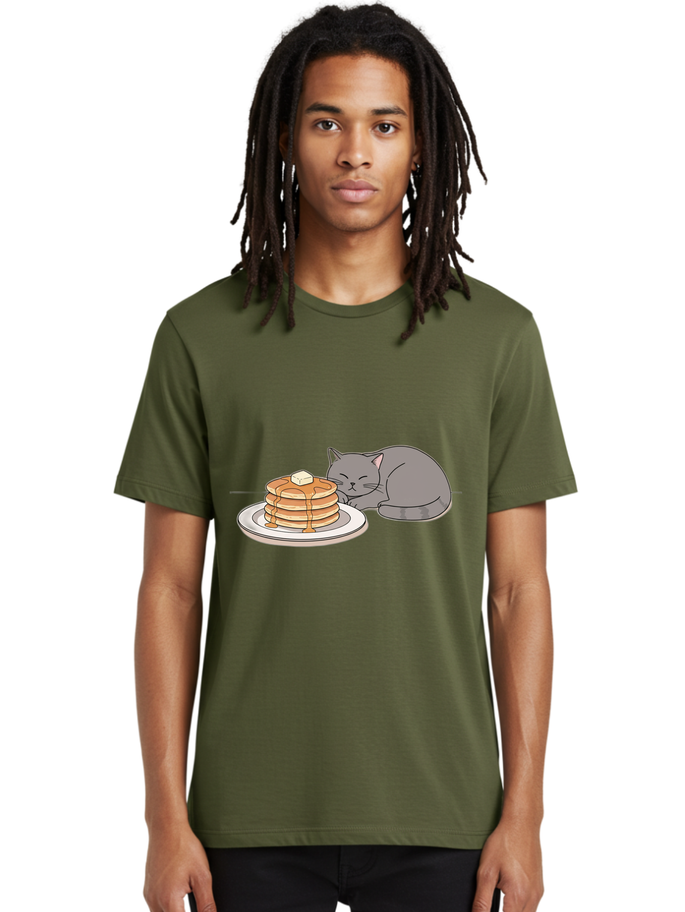 Cat-Sleeping-Next-To-Pancakes-1 Men'S Graphic Tee, 100% Cotton, Comfortable Casual Summer Wear, Machine Washable, Vintage Camera, Old Camera, Antique Camera, Black Camera, Classic Photography, Photography Equipment, Nostalgic Device, Bak218