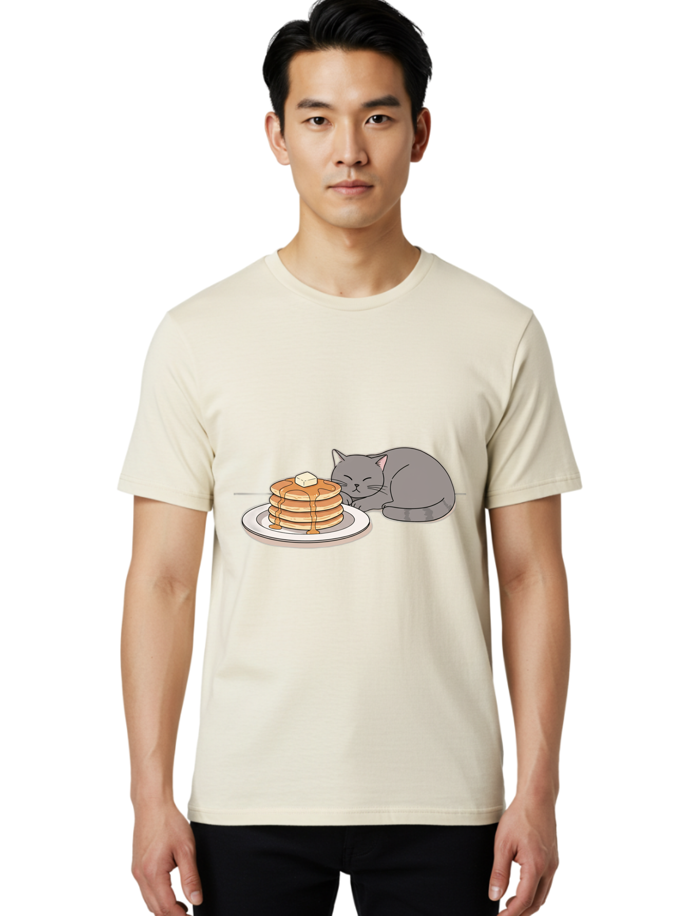 Cat-Sleeping-Next-To-Pancakes-1 Men'S Graphic Tee, 100% Cotton, Comfortable Casual Summer Wear, Machine Washable, Vintage Camera, Old Camera, Antique Camera, Black Camera, Classic Photography, Photography Equipment, Nostalgic Device, Bak218