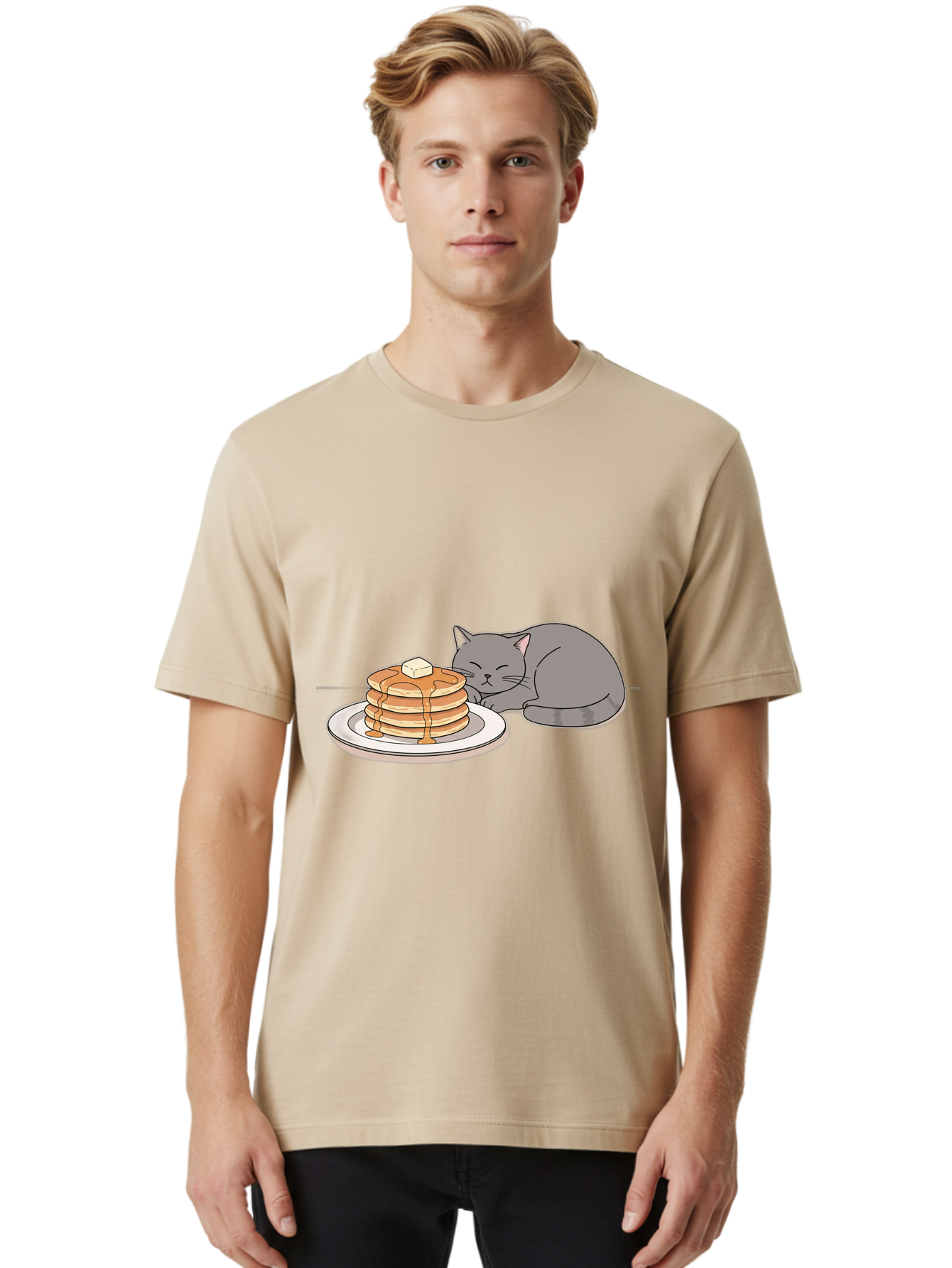 Cat-Sleeping-Next-To-Pancakes-1 Men'S Graphic Tee, 100% Cotton, Comfortable Casual Summer Wear, Machine Washable, Vintage Camera, Old Camera, Antique Camera, Black Camera, Classic Photography, Photography Equipment, Nostalgic Device, Bak218