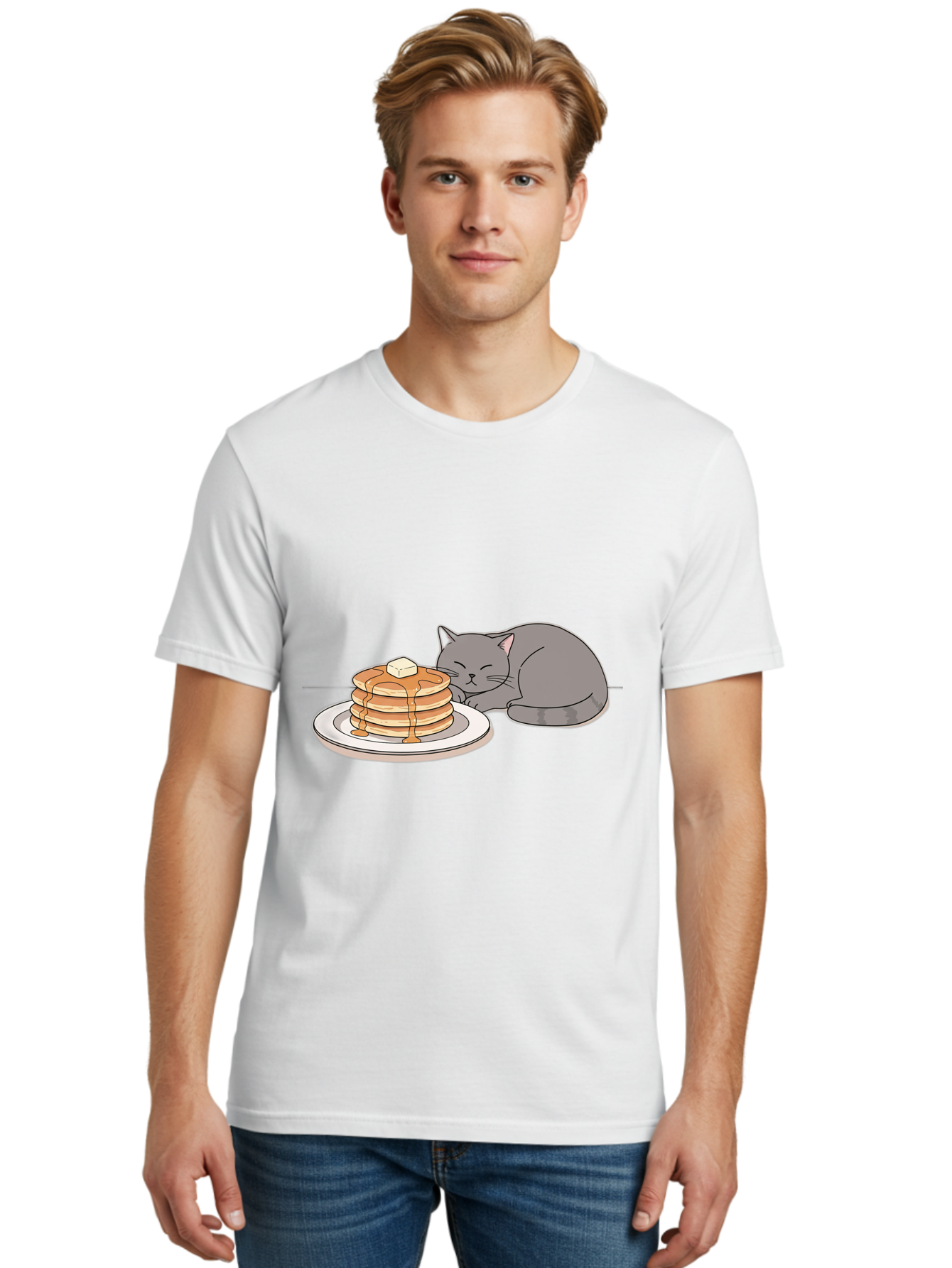 Cat-Sleeping-Next-To-Pancakes-1 Men'S Graphic Tee, 100% Cotton, Comfortable Casual Summer Wear, Machine Washable, Vintage Camera, Old Camera, Antique Camera, Black Camera, Classic Photography, Photography Equipment, Nostalgic Device, Bak218