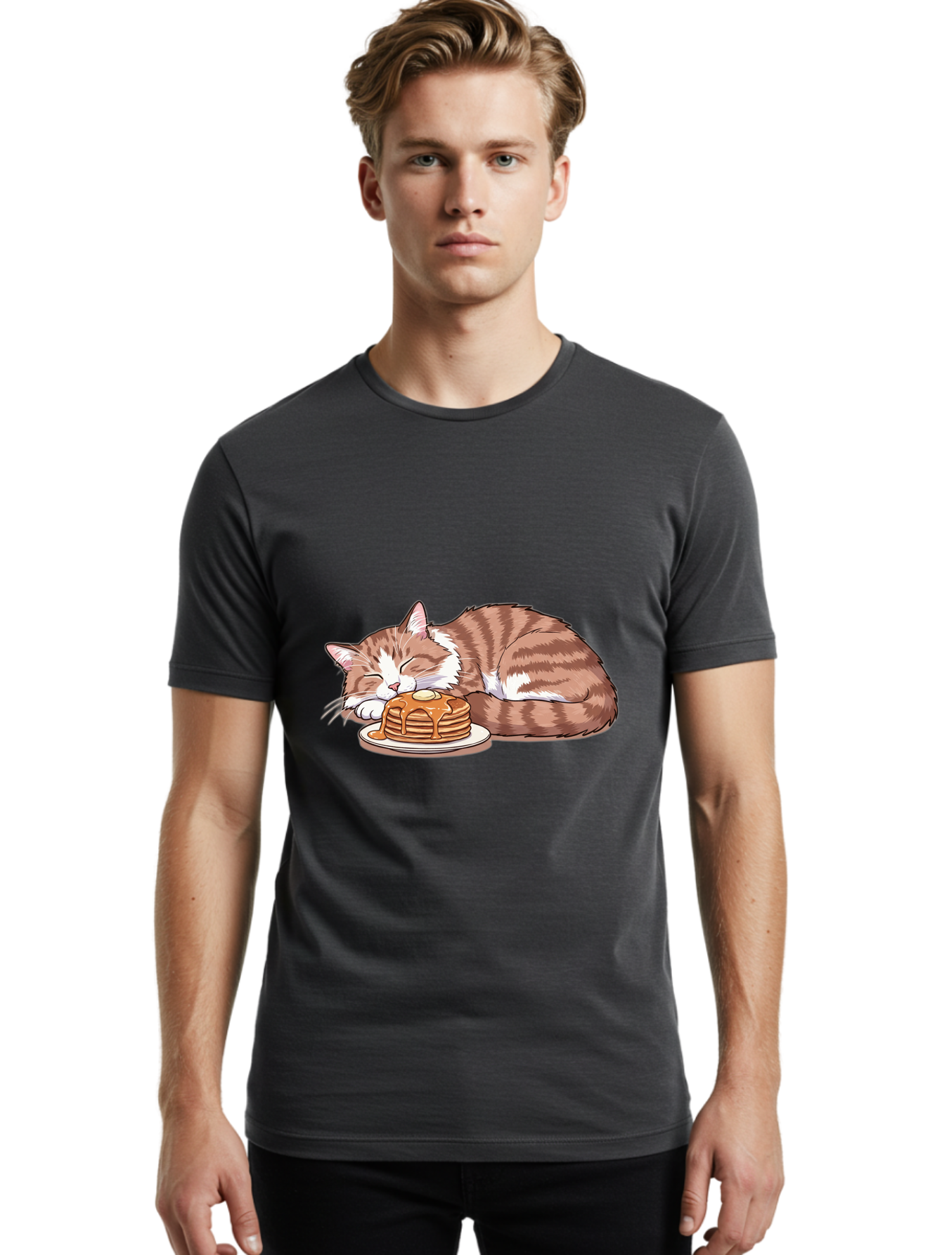 Cat-Sleeping-On-Pancakes-2 Men'S Graphic Tee, 100% Cotton, Comfortable Casual Summer Wear, Machine Washable, Vintage Camera, Old Camera, Antique Camera, Black Camera, Classic Photography, Photography Equipment, Nostalgic Device, Film Camera, Bak221