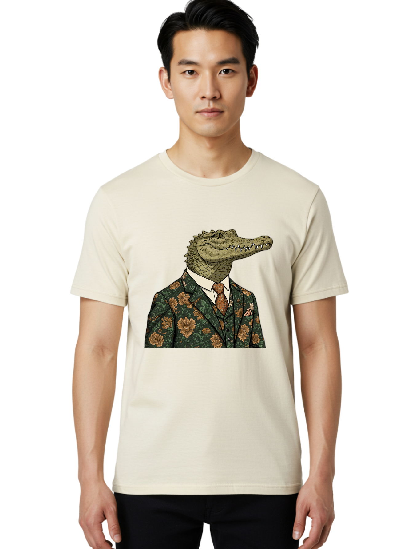 Crocodile-In-Floral-Suit Men'S Graphic Tee, 100% Cotton, Comfortable Casual Summer Wear, Machine Washable, Vintage Camera, Old Camera, Antique Camera, Black Camera, Classic Photography, Photography Equipment, Nostalgic Device, Film Camera, Bak322