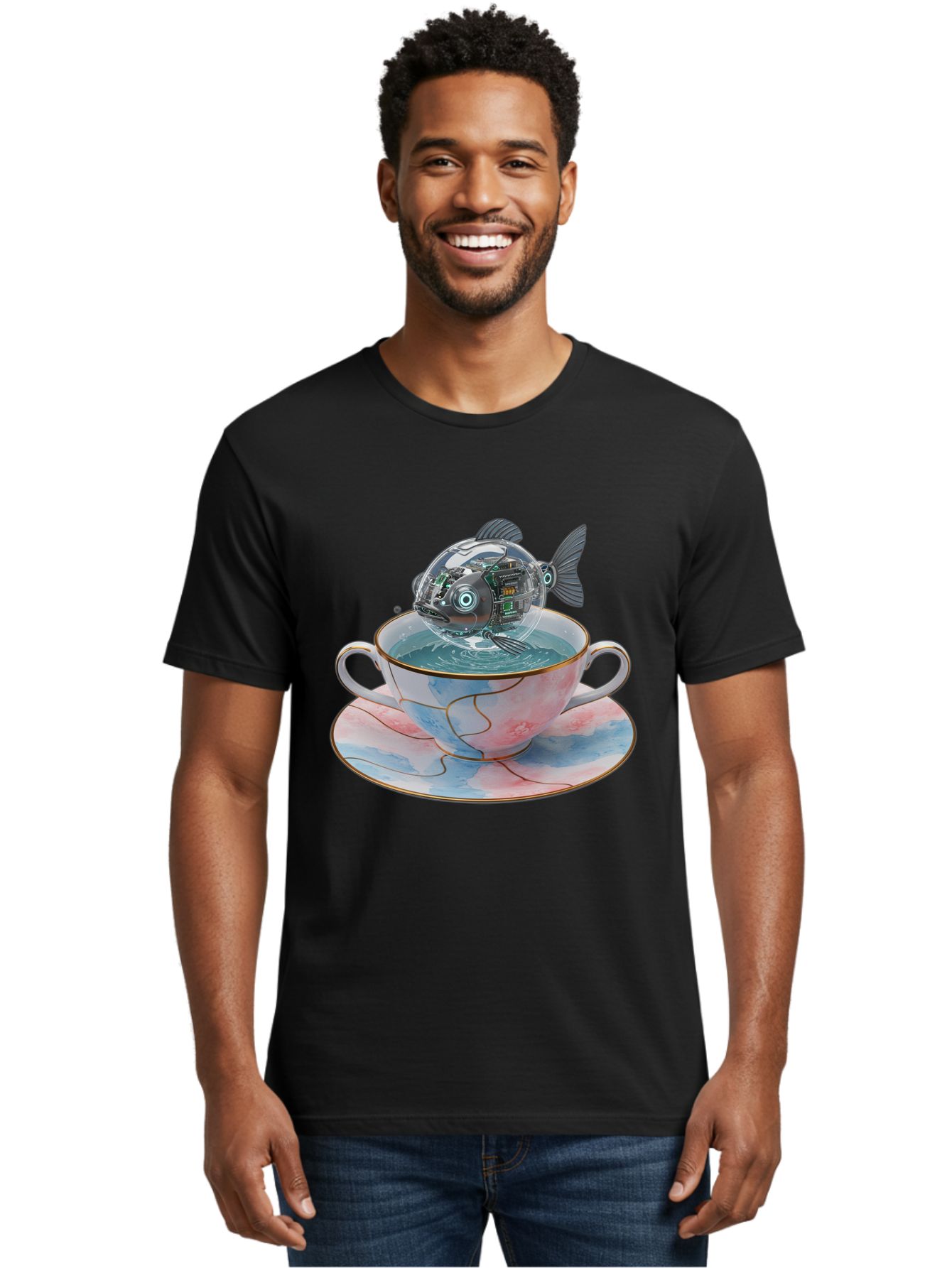 Fish-In-Teacup-1 Men'S Graphic Tee, 100% Cotton, Comfortable Casual Summer Wear, Machine Washable, Vintage Camera, Old Camera, Antique Camera, Black Camera, Classic Photography, Photography Equipment, Nostalgic Device, Film Camera, Camera Art Bak554