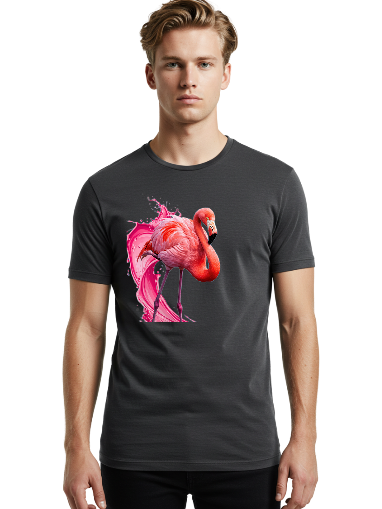 Flamingo-Splash-1 Men'S Graphic Tee, 100% Cotton, Comfortable Casual Summer Wear, Machine Washable, Vintage Camera, Old Camera, Antique Camera, Black Camera, Classic Photography, Photography Equipment, Nostalgic Device, Film Camera, Camera Art Bak598