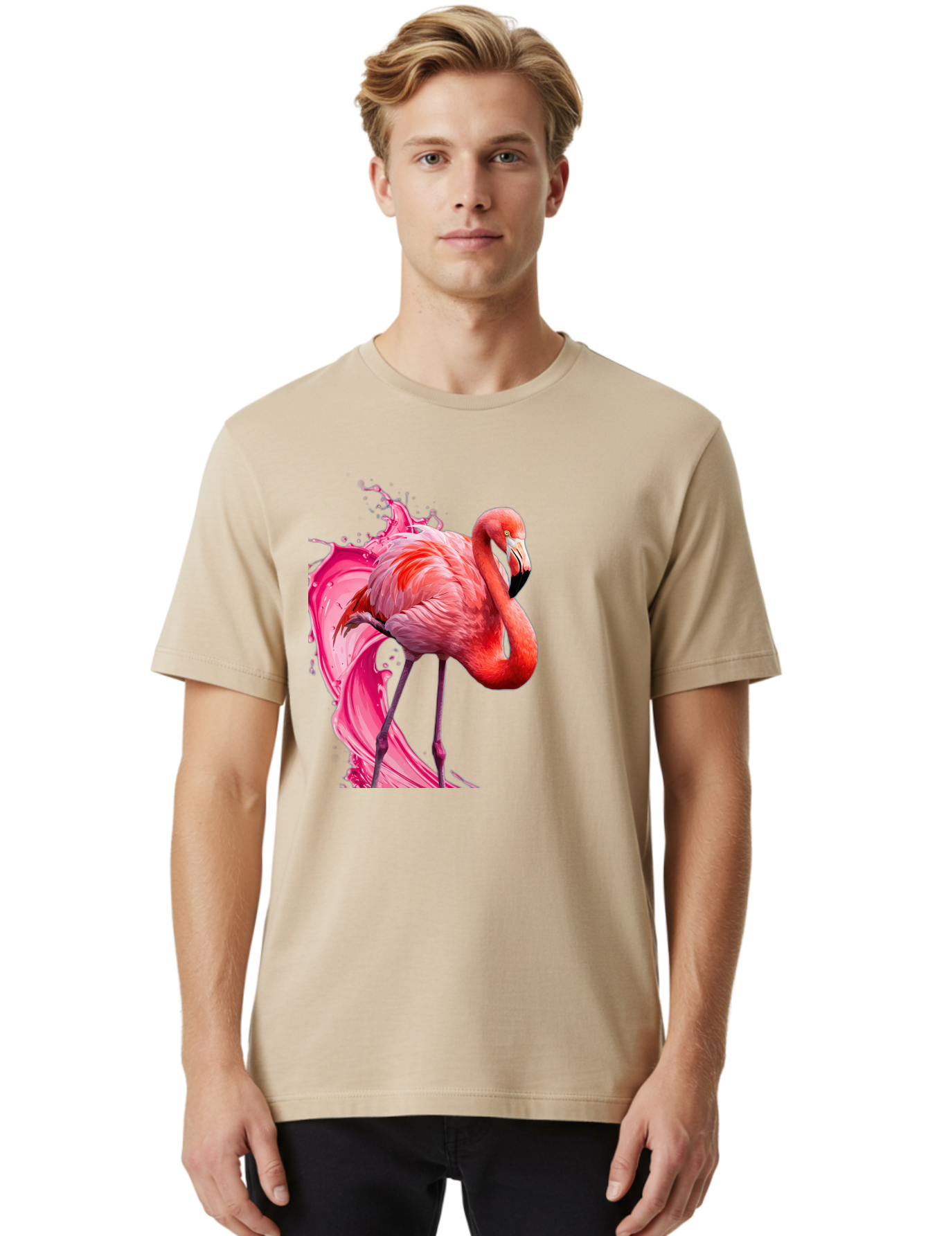 Flamingo-Splash-1 Men'S Graphic Tee, 100% Cotton, Comfortable Casual Summer Wear, Machine Washable, Vintage Camera, Old Camera, Antique Camera, Black Camera, Classic Photography, Photography Equipment, Nostalgic Device, Film Camera, Camera Art Bak598