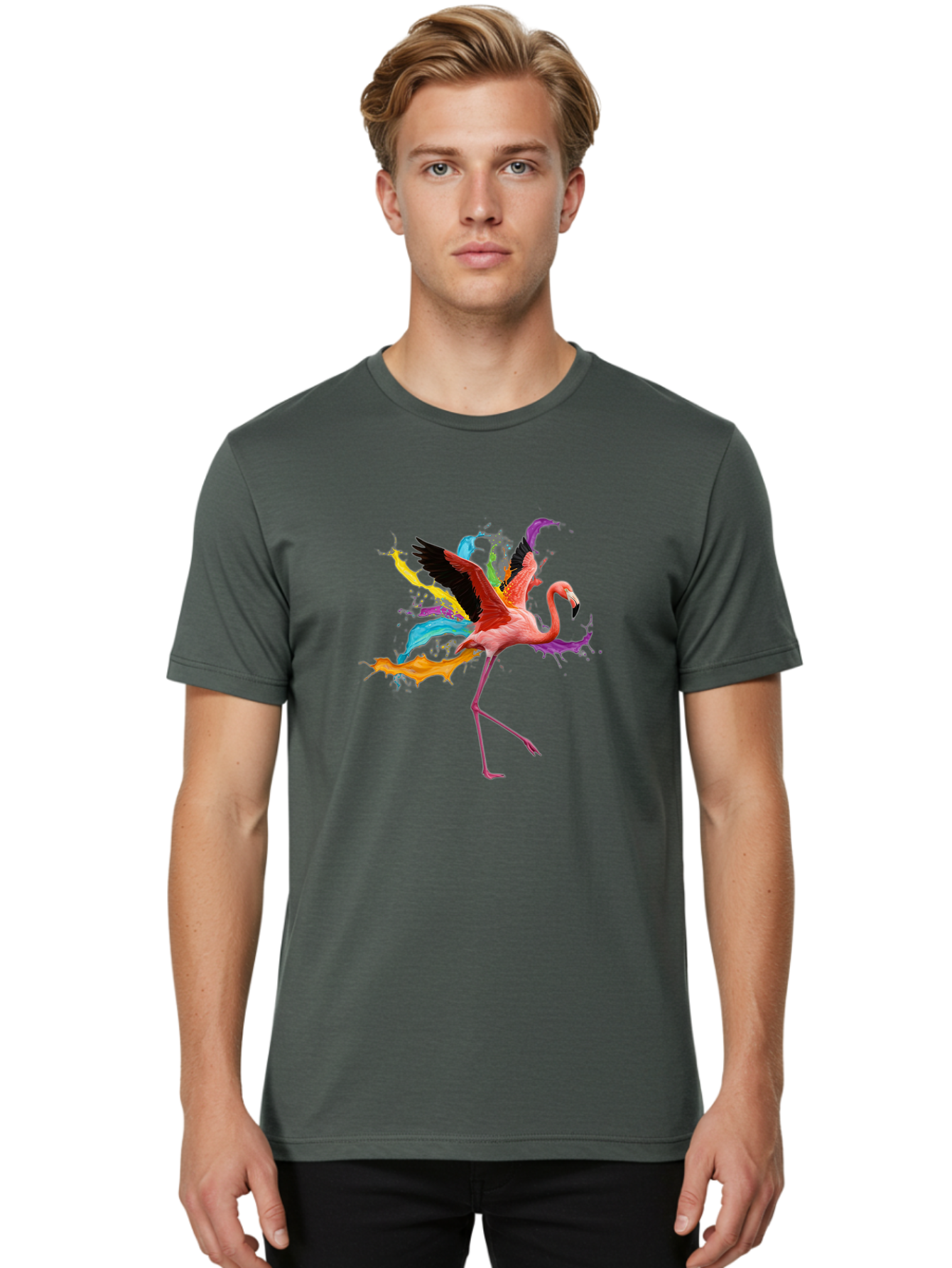 Flamingo-Splash Men'S Graphic Tee, 100% Cotton, Comfortable Casual Summer Wear, Machine Washable, Vintage Camera, Old Camera, Antique Camera, Black Camera, Classic Photography, Photography Equipment, Nostalgic Device, Film Camera, Camera Art Bak599