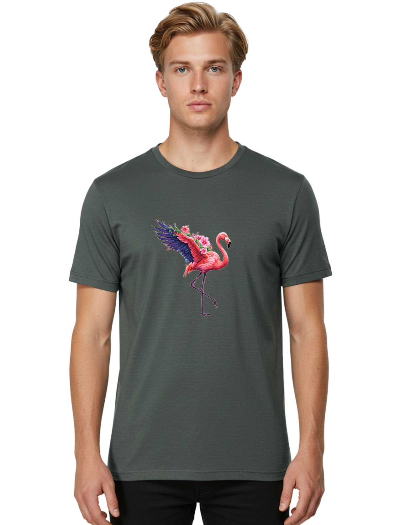 Flamingo-With-Flowers-1 Men'S Graphic Tee, 100% Cotton, Comfortable Casual Summer Wear, Machine Washable, Vintage Camera, Old Camera, Antique Camera, Black Camera, Classic Photography, Photography Equipment, Nostalgic Device, Film Camera, Bak600