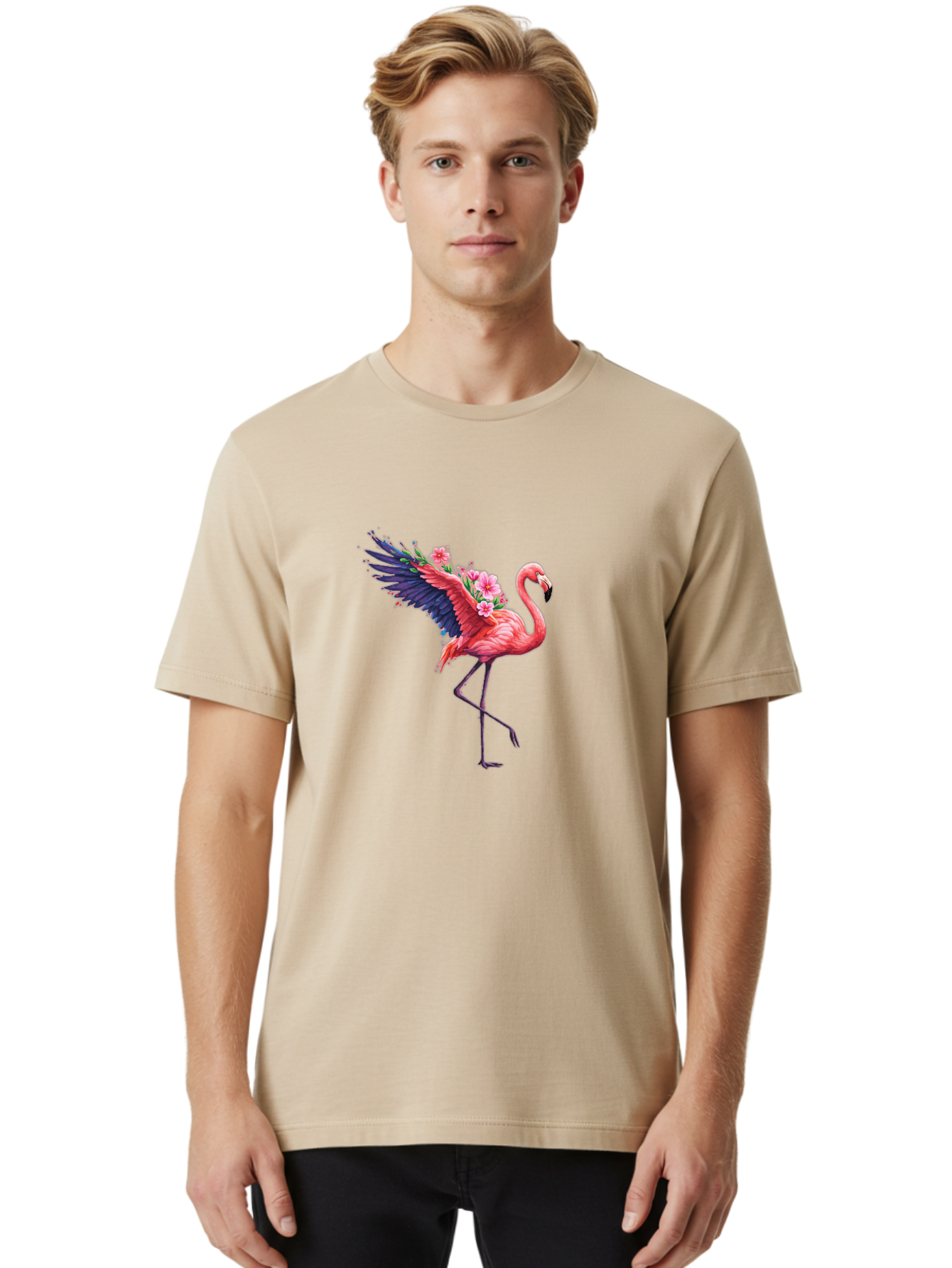 Flamingo-With-Flowers-1 Men'S Graphic Tee, 100% Cotton, Comfortable Casual Summer Wear, Machine Washable, Vintage Camera, Old Camera, Antique Camera, Black Camera, Classic Photography, Photography Equipment, Nostalgic Device, Film Camera, Bak600