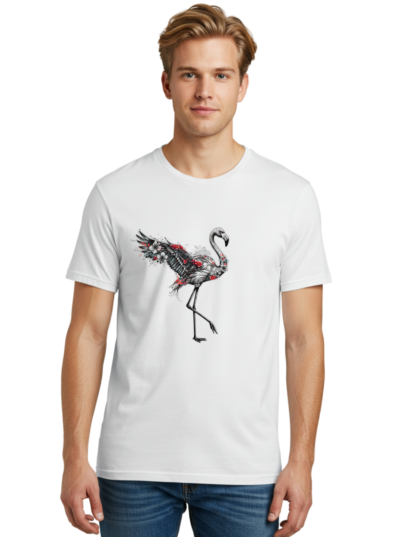 Flamingo-With-Flowers-2 Men'S Graphic Tee, 100% Cotton, Comfortable Casual Summer Wear, Machine Washable, Vintage Camera, Old Camera, Antique Camera, Black Camera, Classic Photography, Photography Equipment, Nostalgic Device, Film Camera, Bak601
