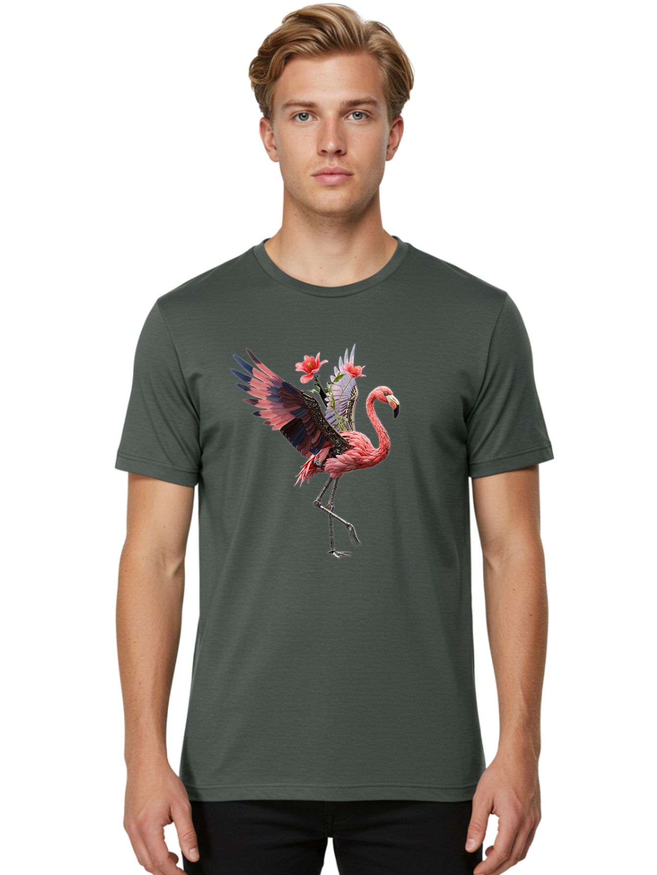 Flamingo-With-Robot-Parts Men'S Graphic Tee, 100% Cotton, Comfortable Casual Summer Wear, Machine Washable, Vintage Camera, Old Camera, Antique Camera, Black Camera, Classic Photography, Photography Equipment, Nostalgic Device, Film Camera, Bak604