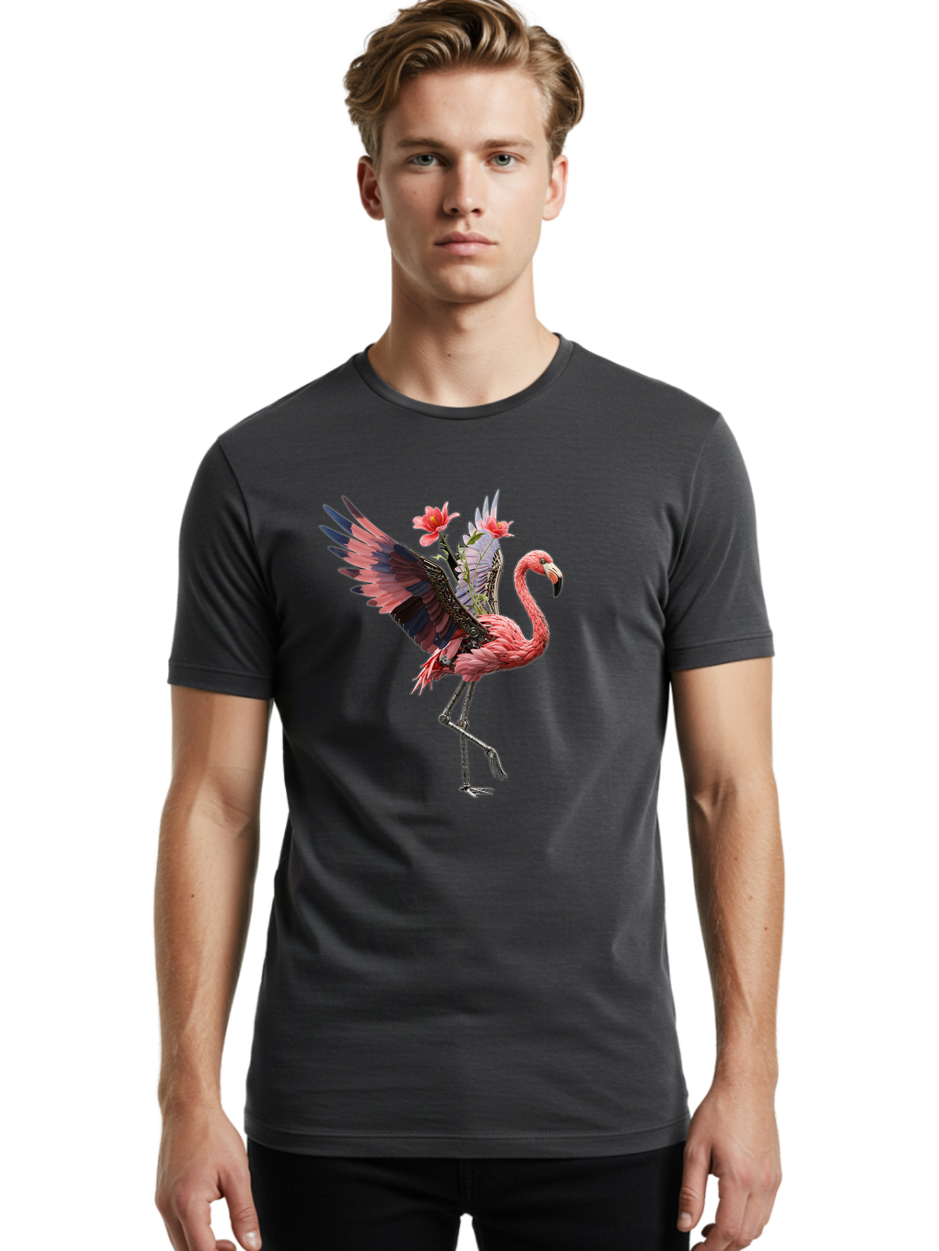 Flamingo-With-Robot-Parts Men'S Graphic Tee, 100% Cotton, Comfortable Casual Summer Wear, Machine Washable, Vintage Camera, Old Camera, Antique Camera, Black Camera, Classic Photography, Photography Equipment, Nostalgic Device, Film Camera, Bak604