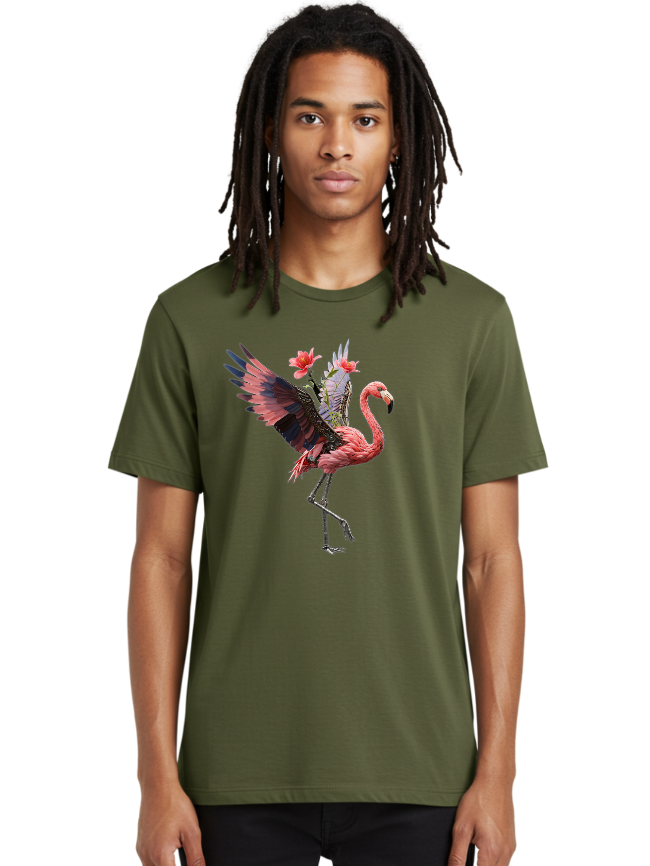 Flamingo-With-Robot-Parts Men'S Graphic Tee, 100% Cotton, Comfortable Casual Summer Wear, Machine Washable, Vintage Camera, Old Camera, Antique Camera, Black Camera, Classic Photography, Photography Equipment, Nostalgic Device, Film Camera, Bak604