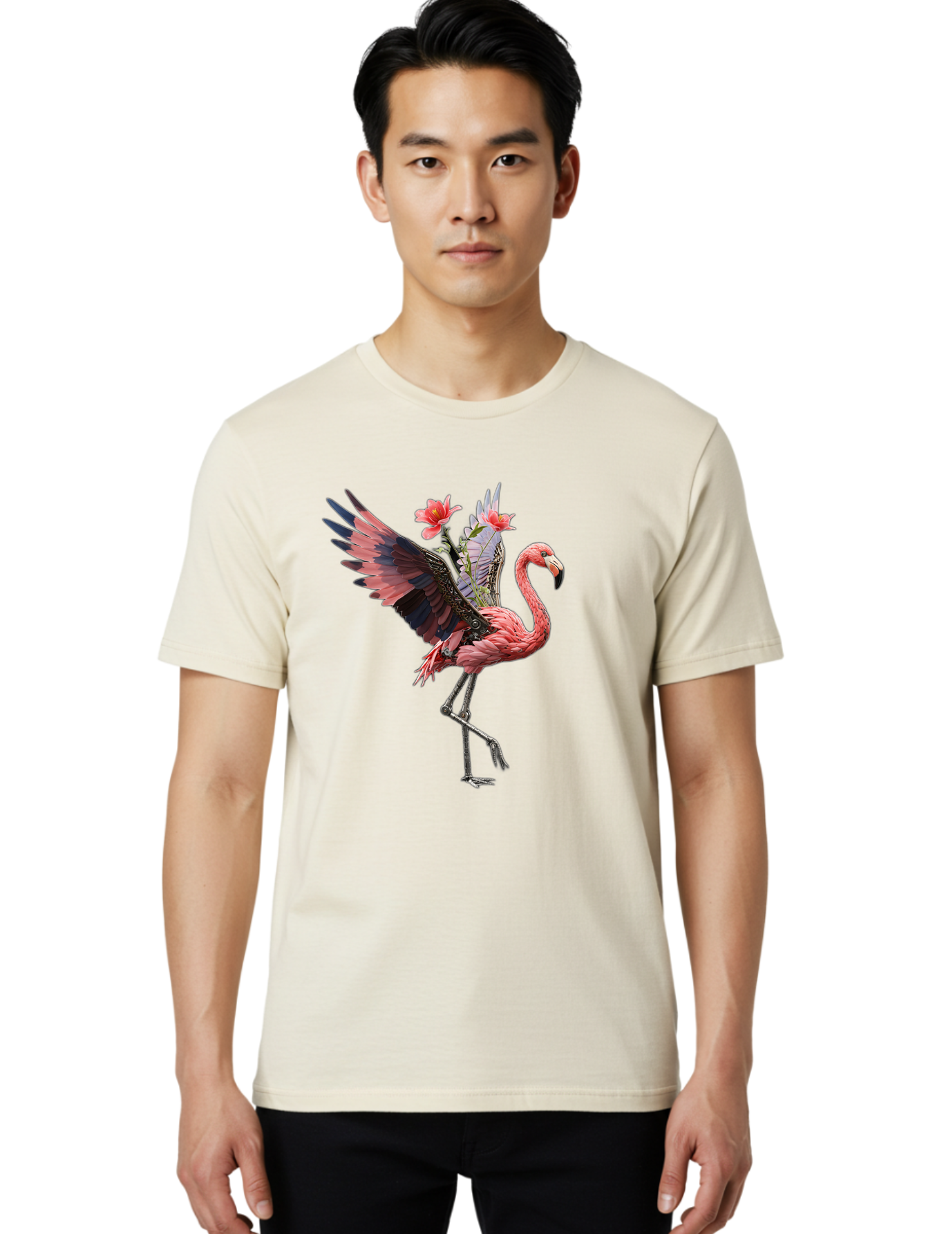 Flamingo-With-Robot-Parts Men'S Graphic Tee, 100% Cotton, Comfortable Casual Summer Wear, Machine Washable, Vintage Camera, Old Camera, Antique Camera, Black Camera, Classic Photography, Photography Equipment, Nostalgic Device, Film Camera, Bak604