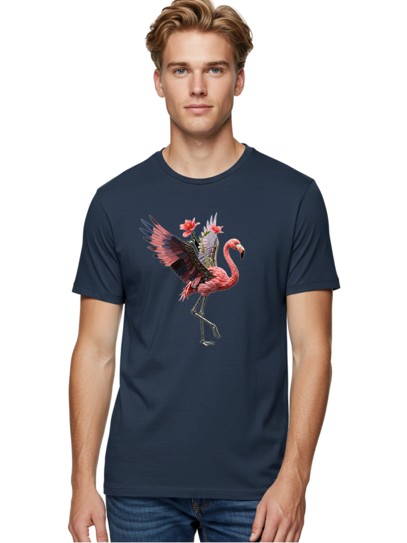 Flamingo-With-Robot-Parts Men'S Graphic Tee, 100% Cotton, Comfortable Casual Summer Wear, Machine Washable, Vintage Camera, Old Camera, Antique Camera, Black Camera, Classic Photography, Photography Equipment, Nostalgic Device, Film Camera, Bak604
