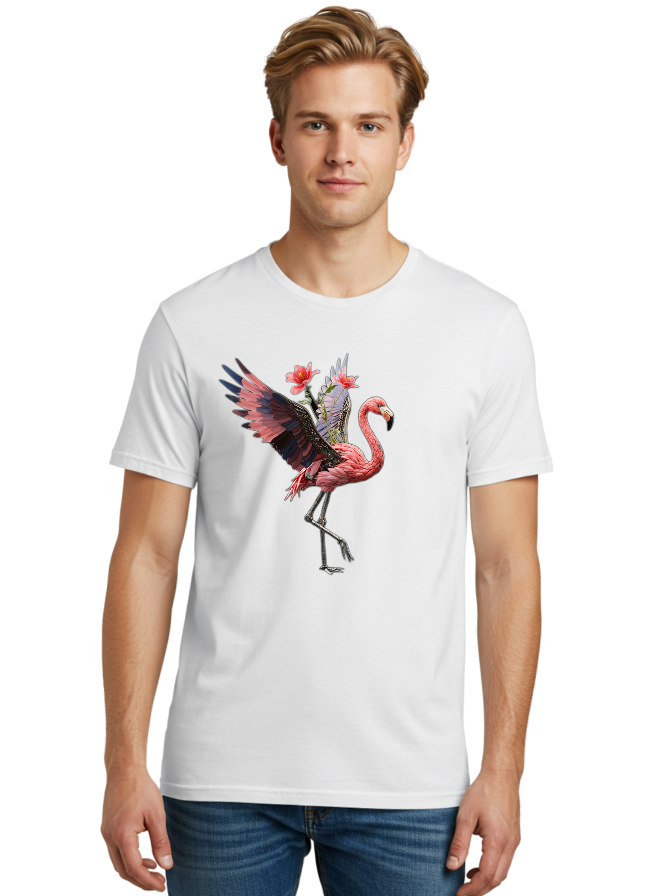 Flamingo-With-Robot-Parts Men'S Graphic Tee, 100% Cotton, Comfortable Casual Summer Wear, Machine Washable, Vintage Camera, Old Camera, Antique Camera, Black Camera, Classic Photography, Photography Equipment, Nostalgic Device, Film Camera, Bak604