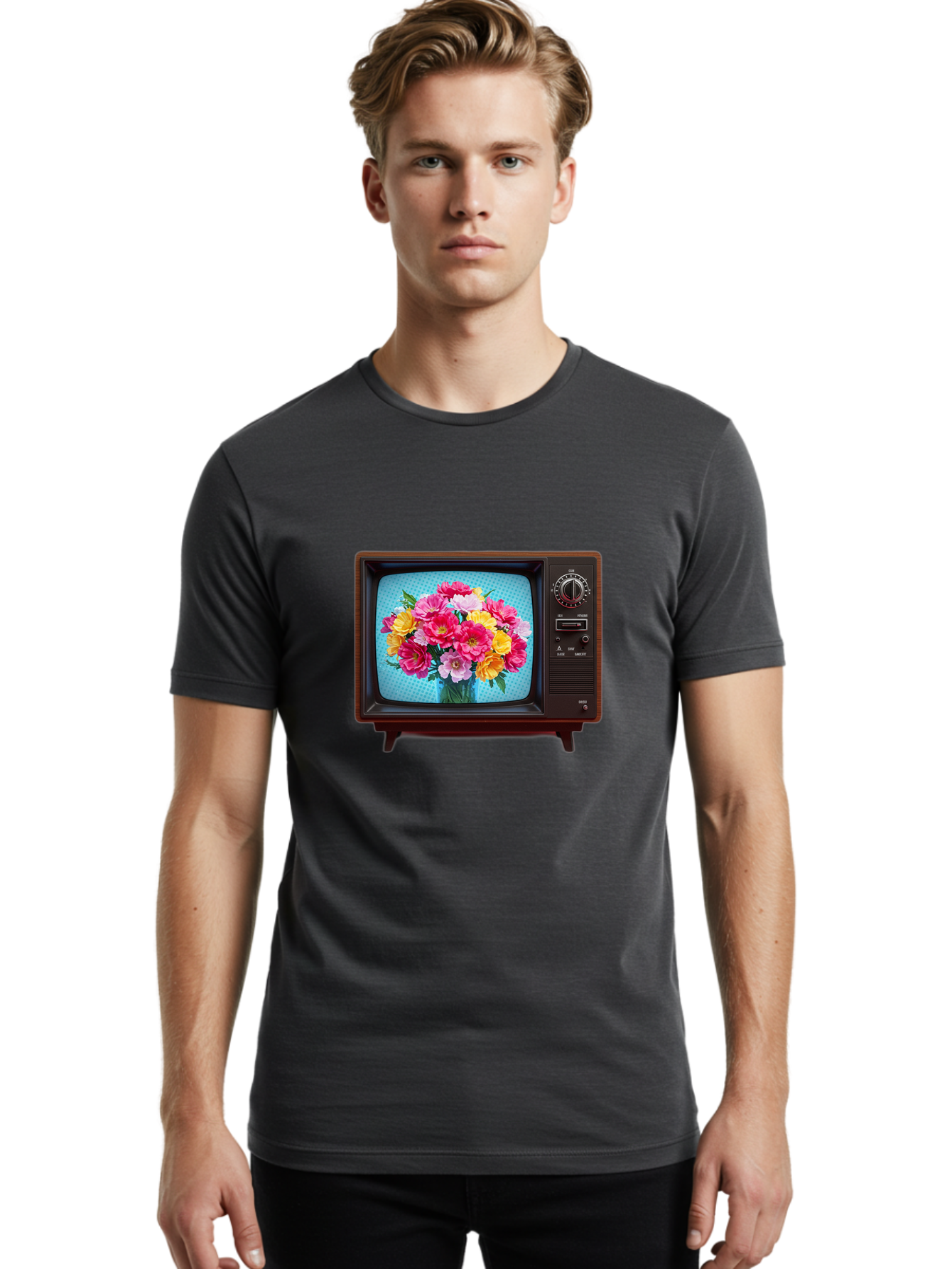 Floral-Bouquet-Tv Men'S Graphic Tee, 100% Cotton, Comfortable Casual Summer Wear, Machine Washable, Vintage Camera, Old Camera, Antique Camera, Black Camera, Classic Photography, Photography Equipment, Nostalgic Device, Film Camera, Camera Art Bak607